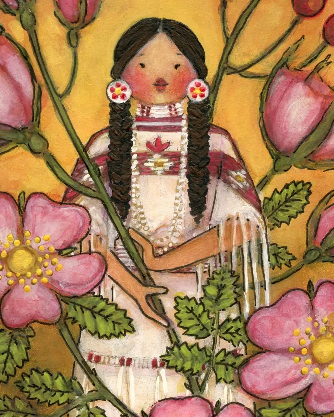🌾🌸🌾🌸🌾🌸🌾
Prairie rose, Rosa arkansana, is named for the Arkansas River 🌾 From headwaters near Leadville, Colorado, it flows down the plains through Colorado, Kansas, Oklahoma, and Arkansas 🌾 Here, a Cheyenne beauty tends her prairie rose gard