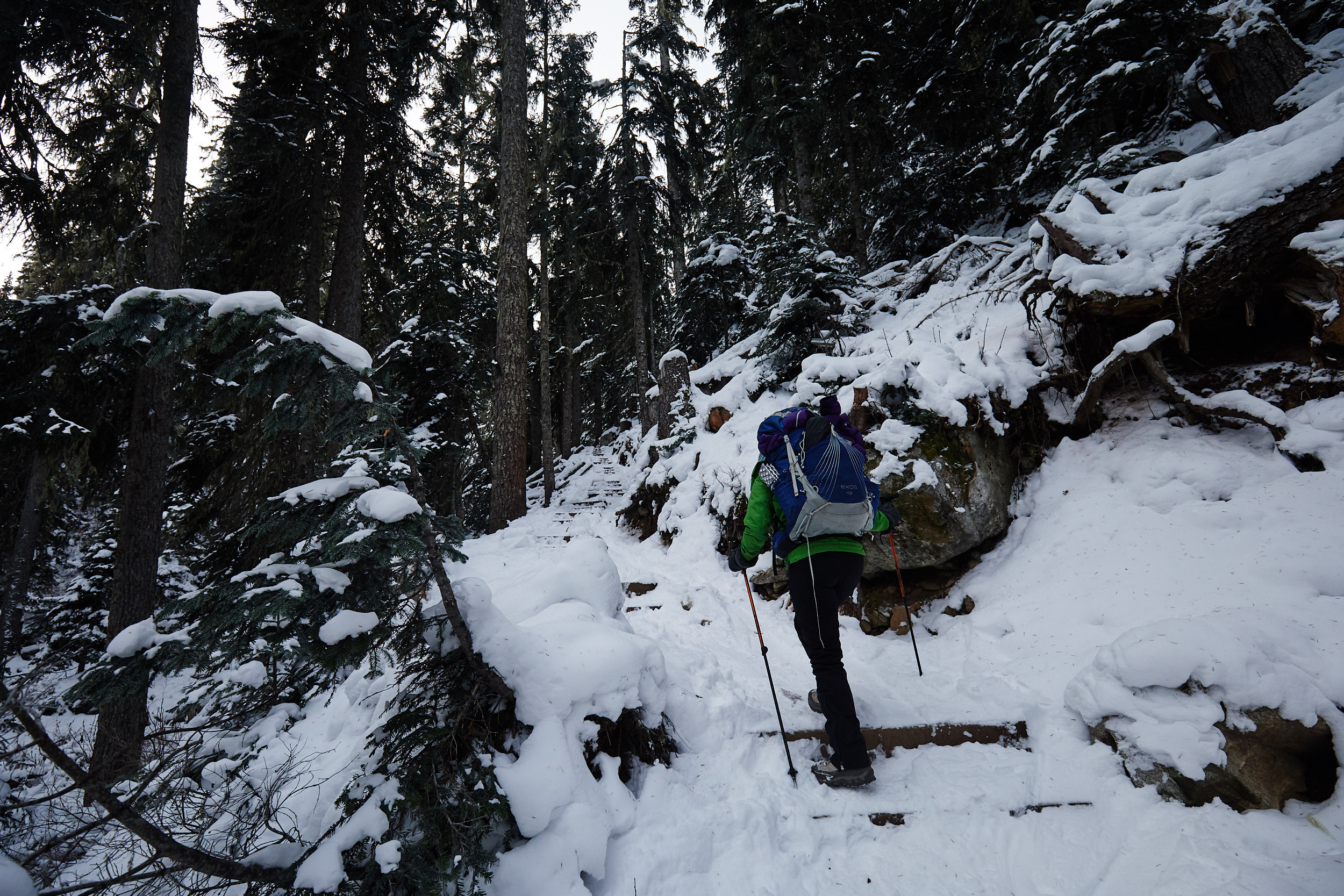 There are a set of wooden stairs that lead up to the 2nd lake. We had brought micro spikes in the event it would be icy but we didn’t end up using them.