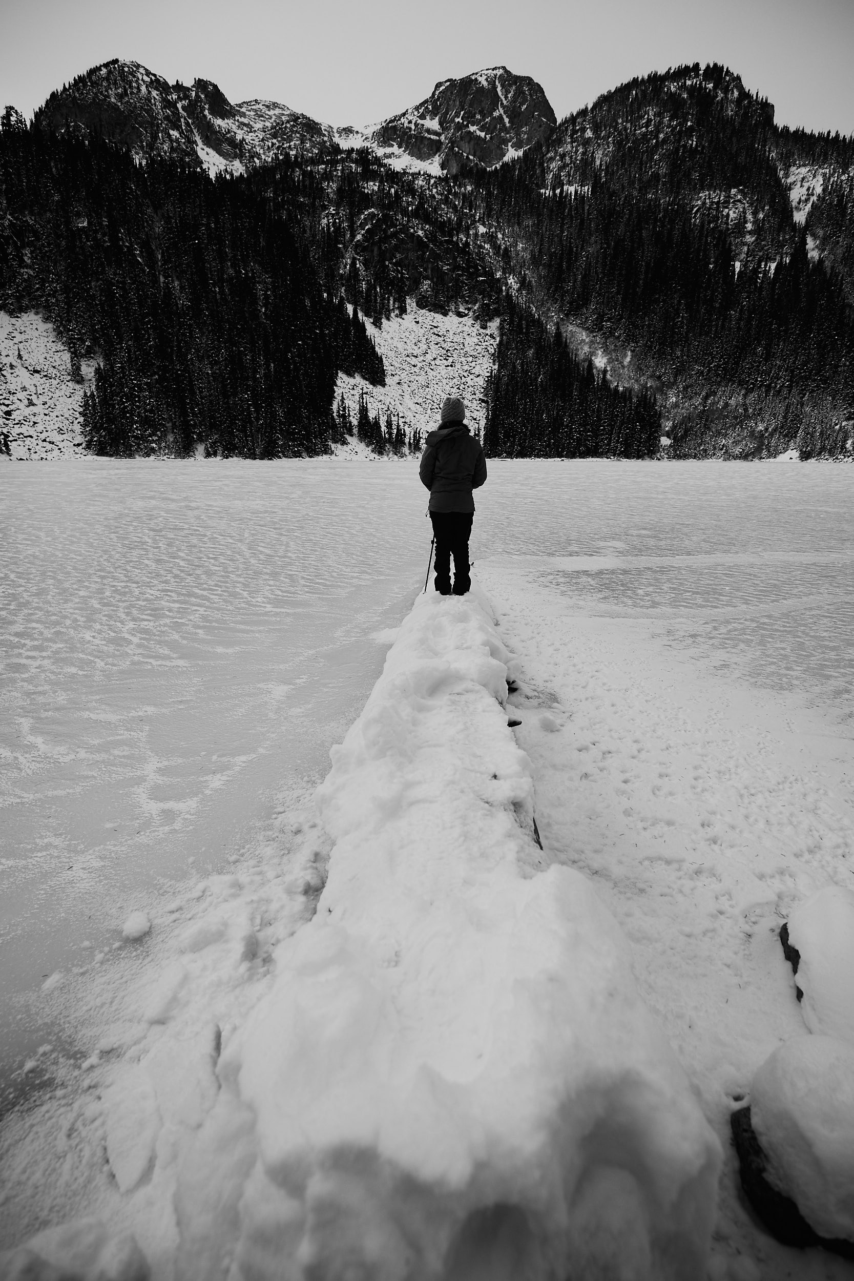 Winter version of the classic Joffre Lakes log photo.