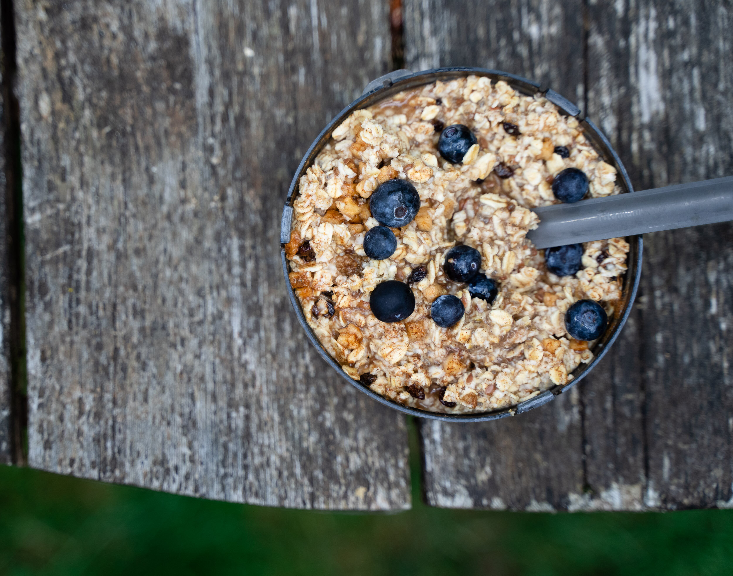  I usually like to have oatmeal and some fruit for breakfast if we aren't in town. It's light, packs down small and is quick to make. 