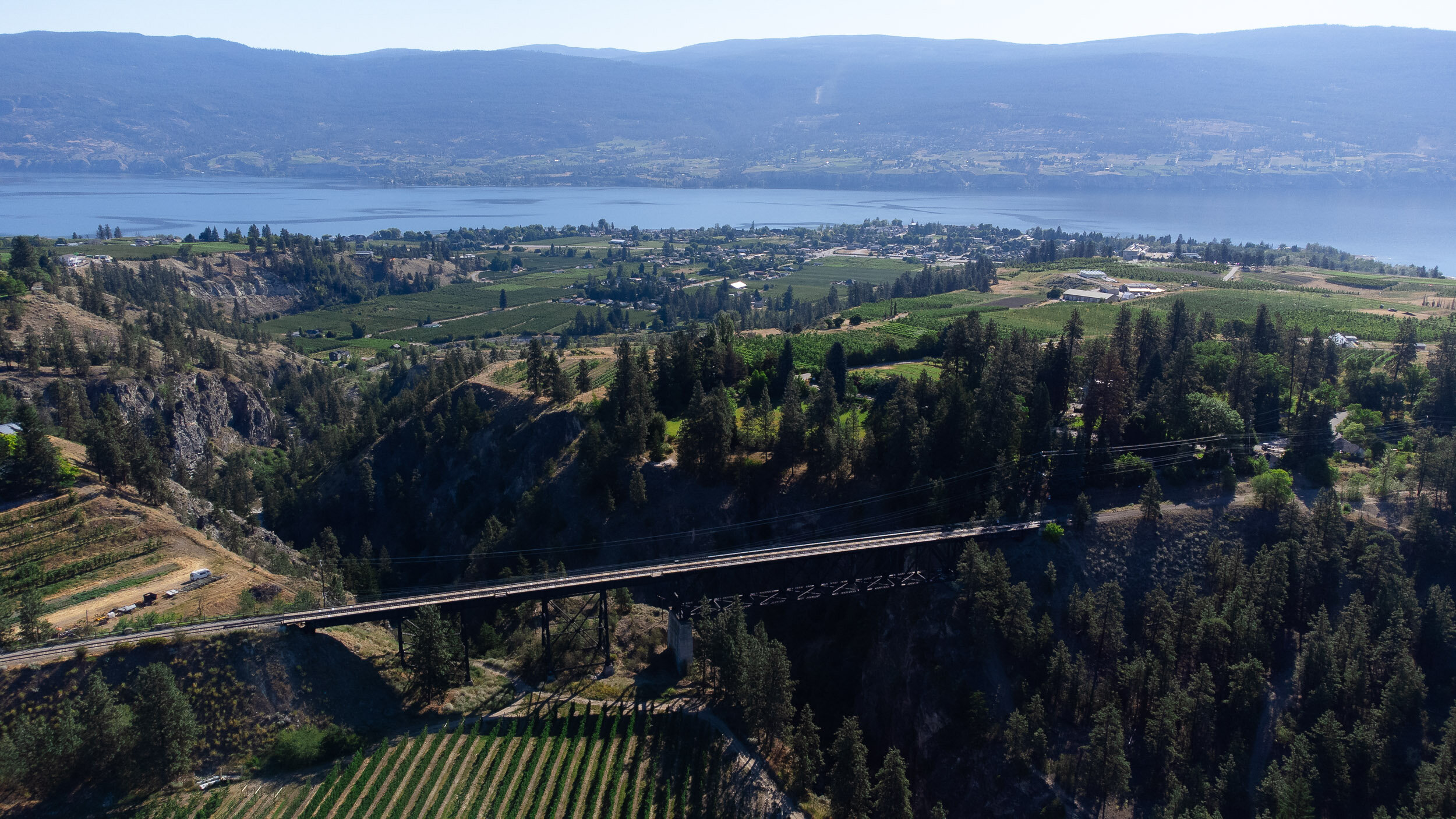  As we approached Penticton we crossed over the Trout Creek Trestle. Built between 1910 and 1915, the section of the KVR in Summerland between Trout Creek and Bathville Road is the only preserved section of the railway that is still used to this day.