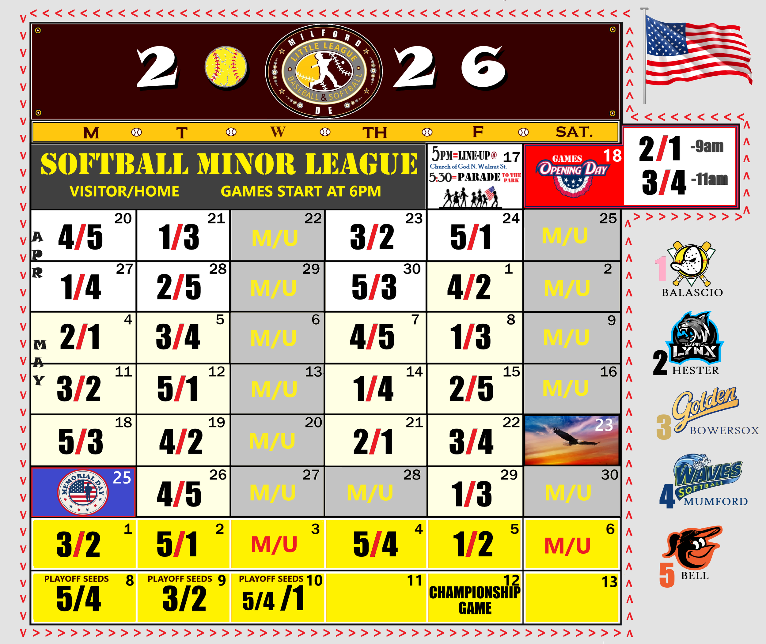 Milford Little League Softball Minor League Schedule 2026