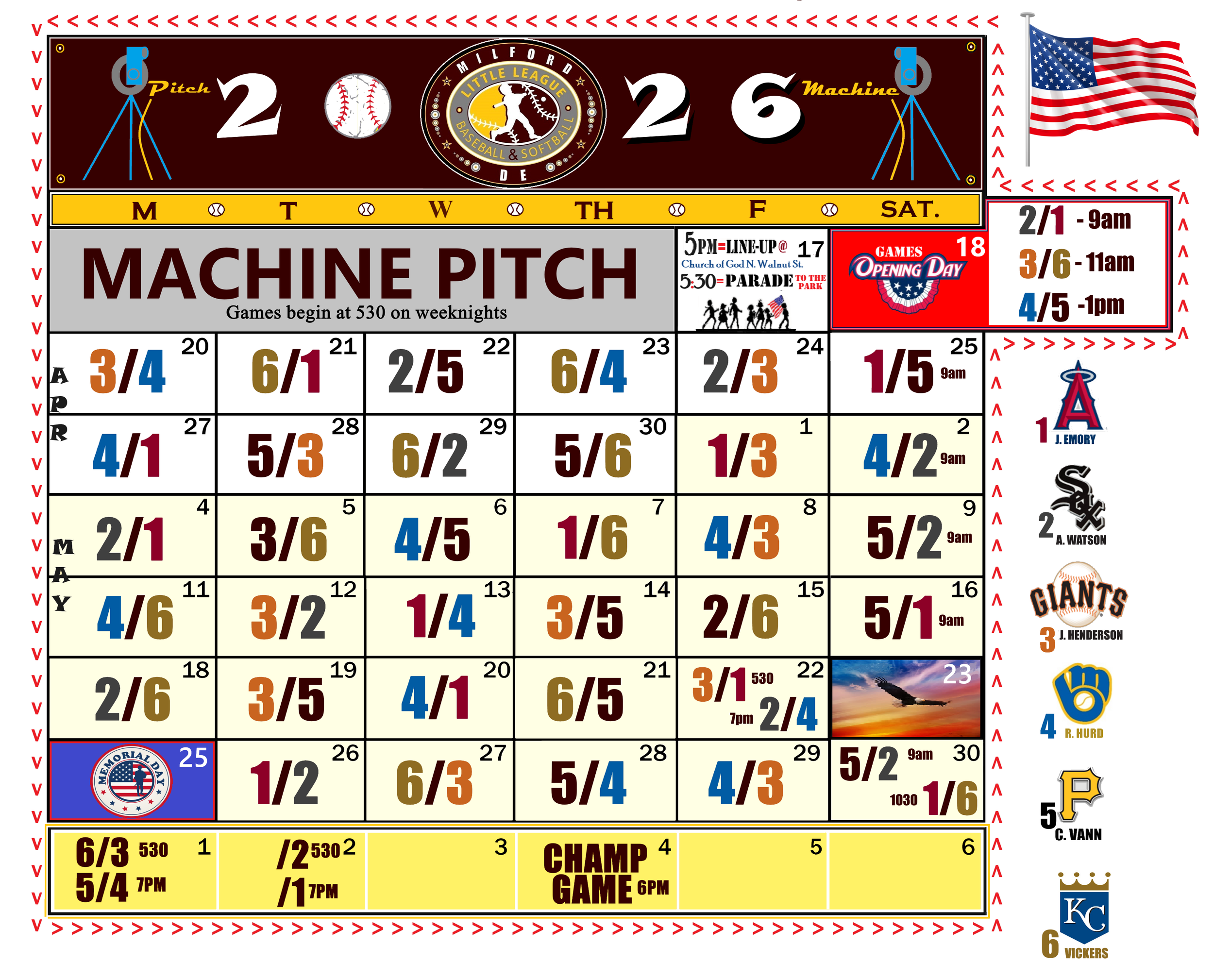 Milford Little League - 2026 Machine Pitch Schedule