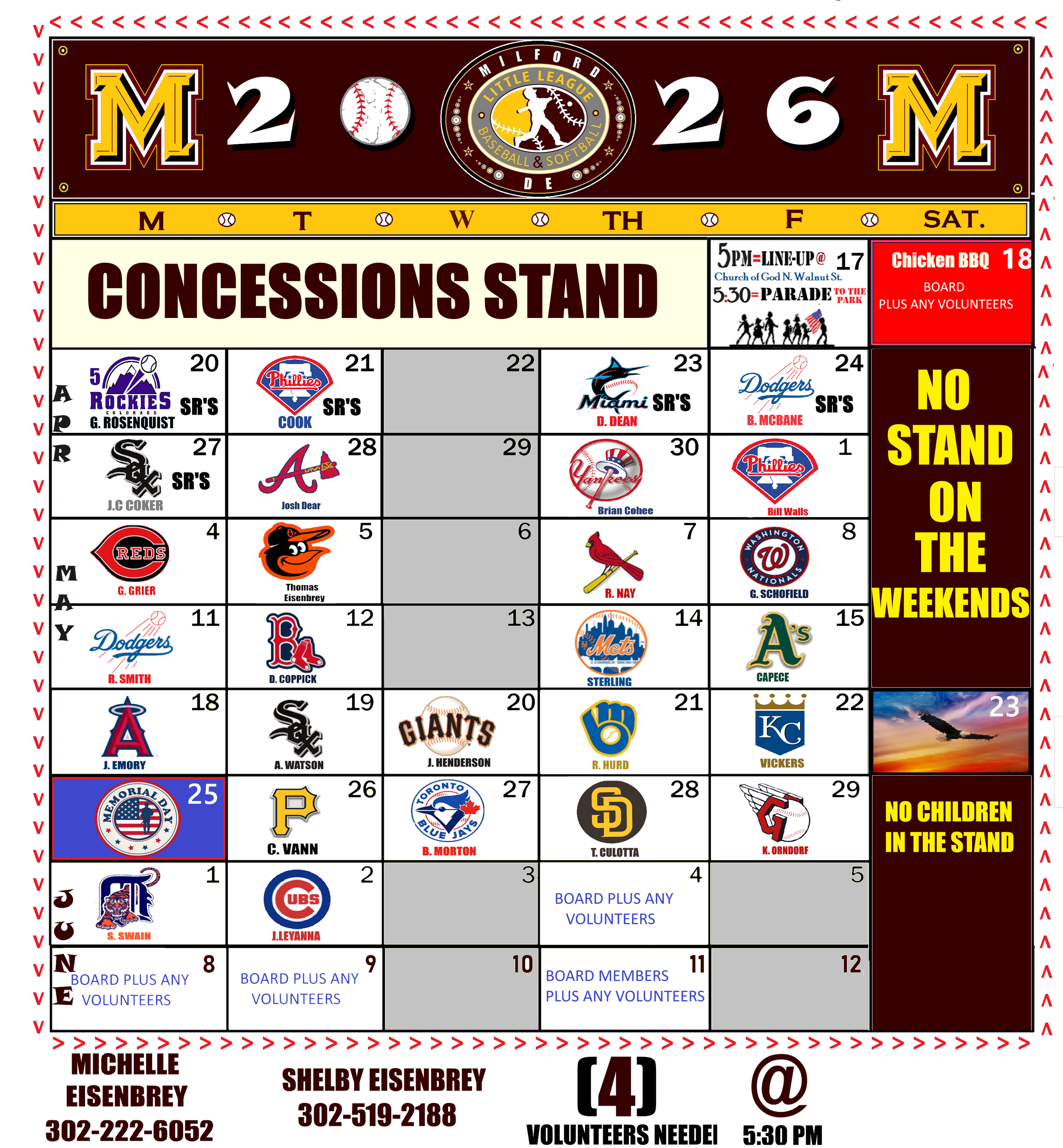 Milford Little League Concession Stand Schedule 2026