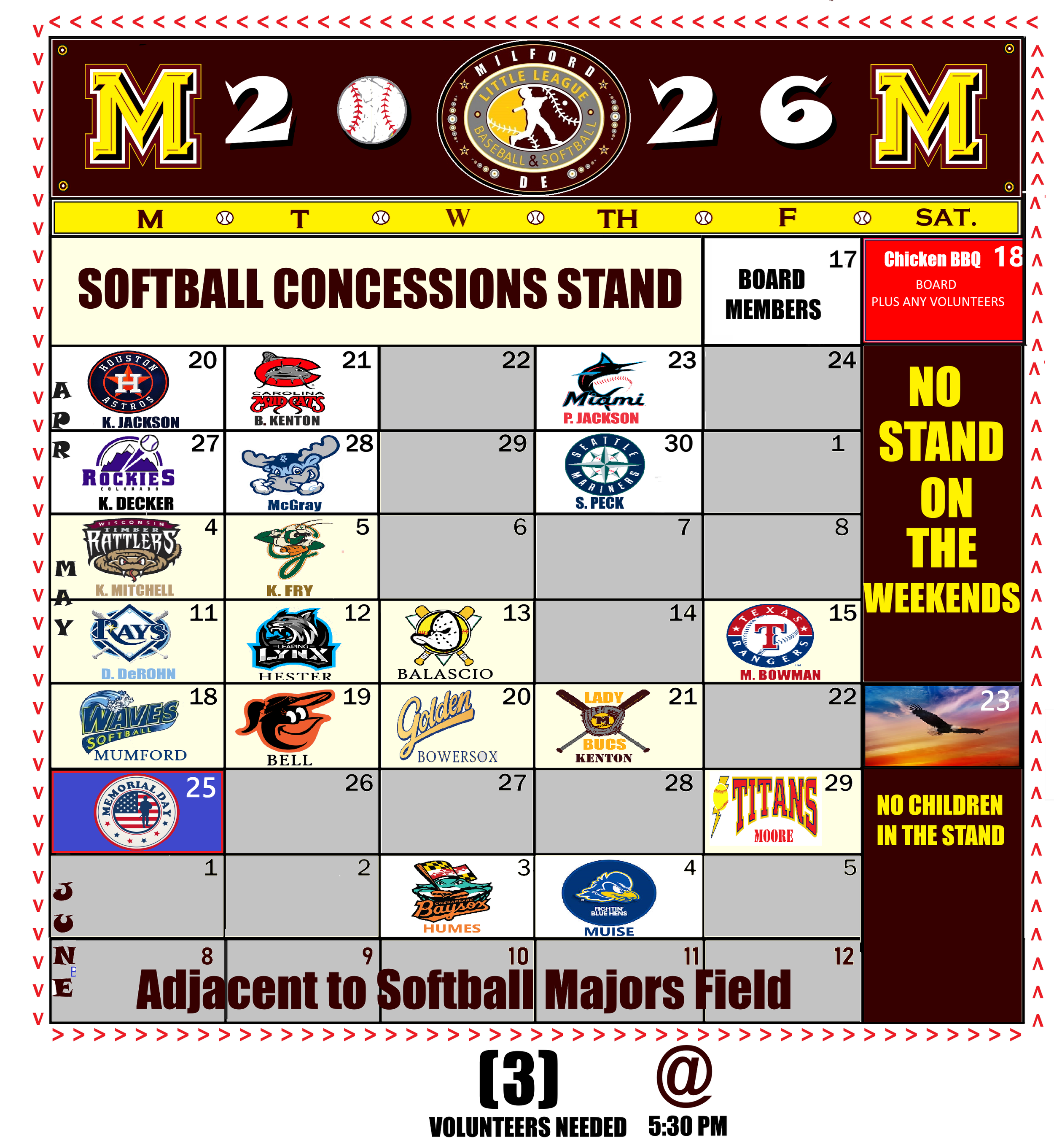 Milford Little League Softball Concession Stand Schedule 2026