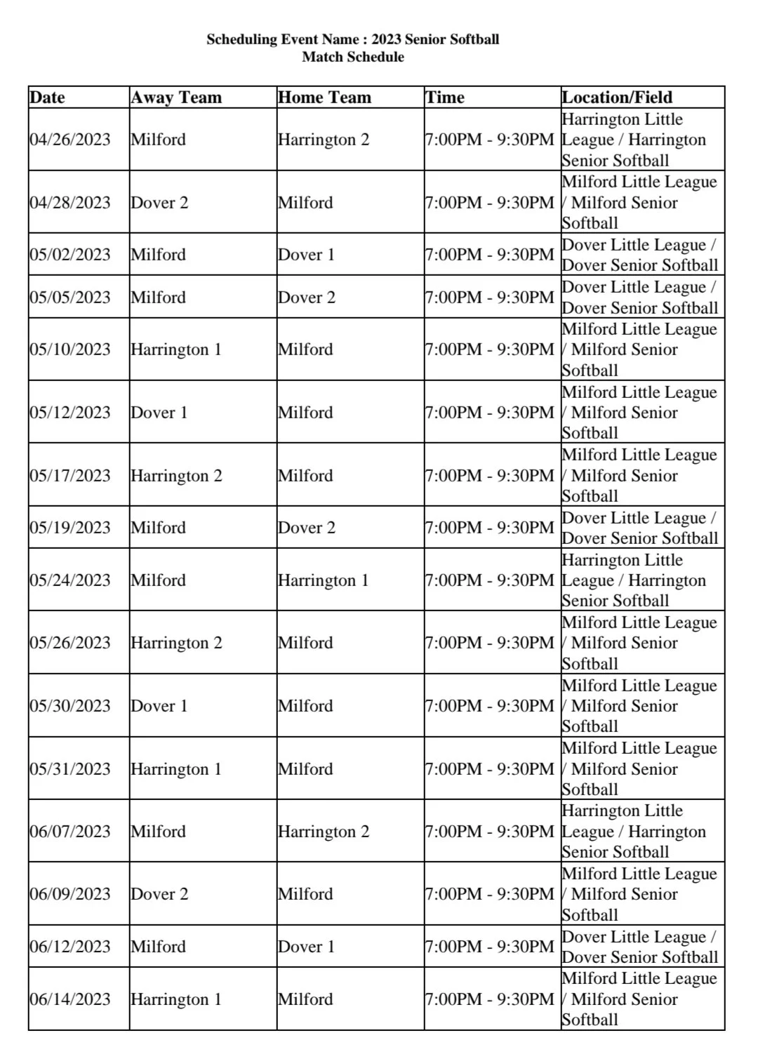 Senior League Softball Schedule & Info — Milford Little League