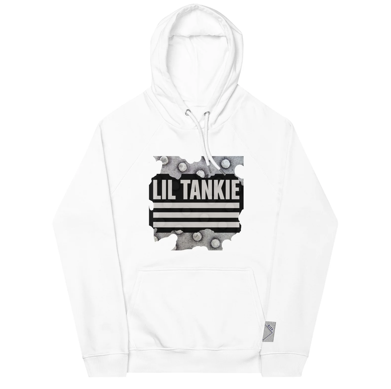 White hoodie with Lil Tankie logo