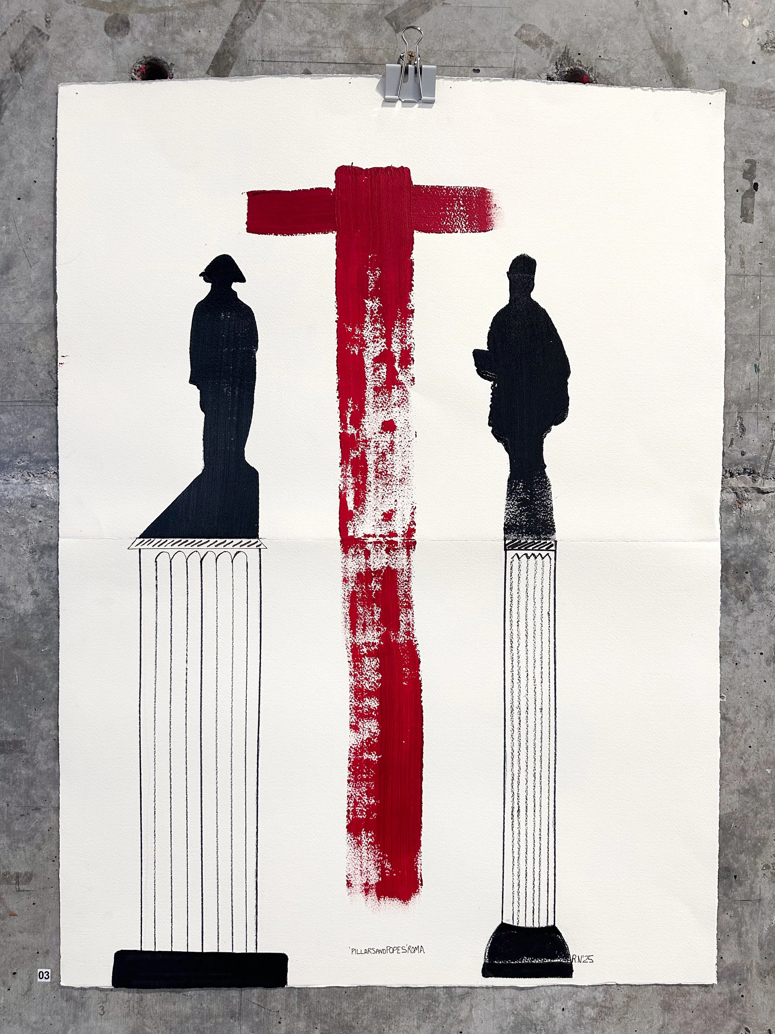 Popes & Cross, Acrylic Wax Pigment on Handmade Paper, Unframed, 73.6 × 88.9cm, 2025 $250