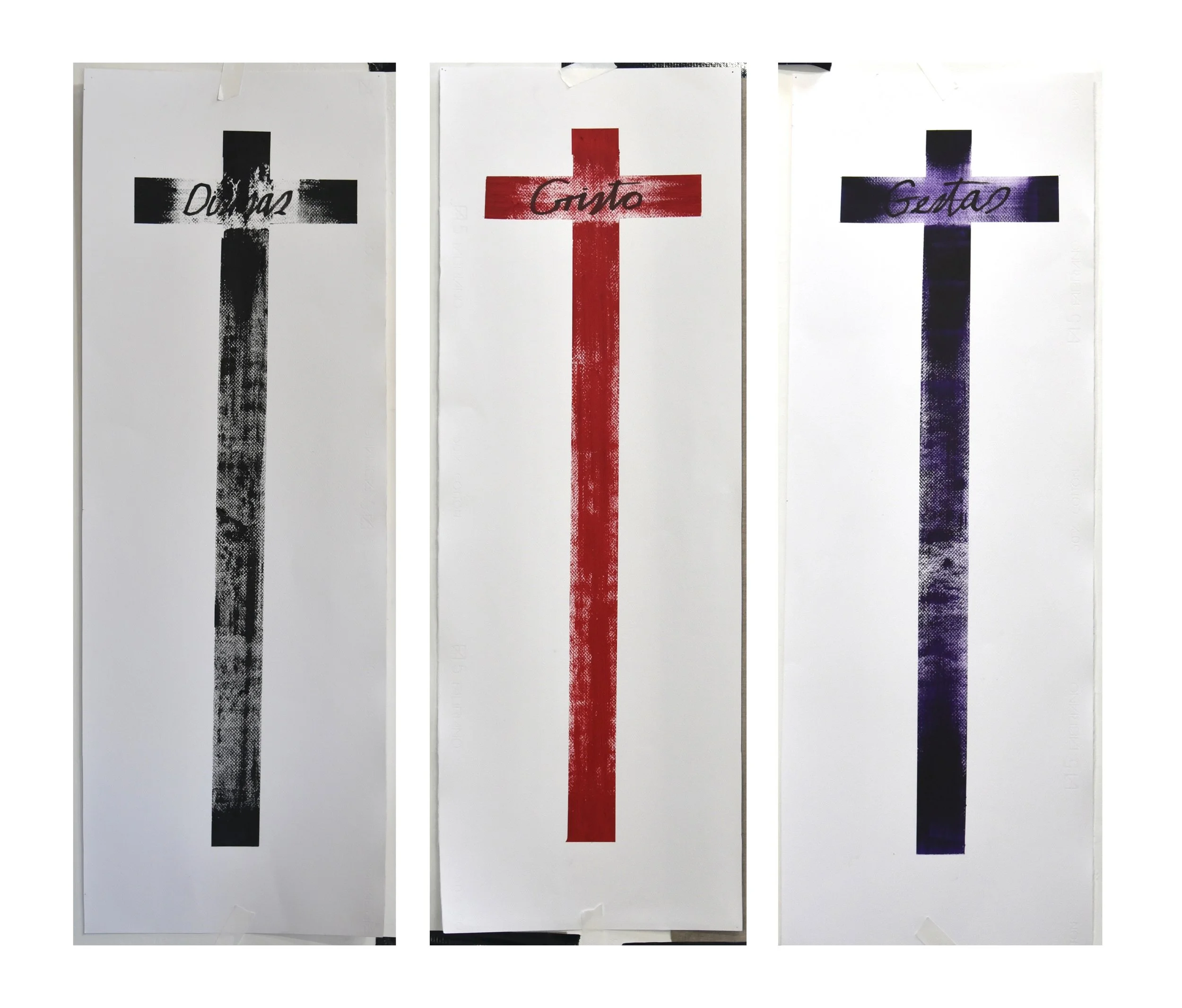 Three Studies of a Cross, Acrylic, Wax, Dry Pigment on Paper, Unframed, 35.5 × 101.6 cm, 2025 $450