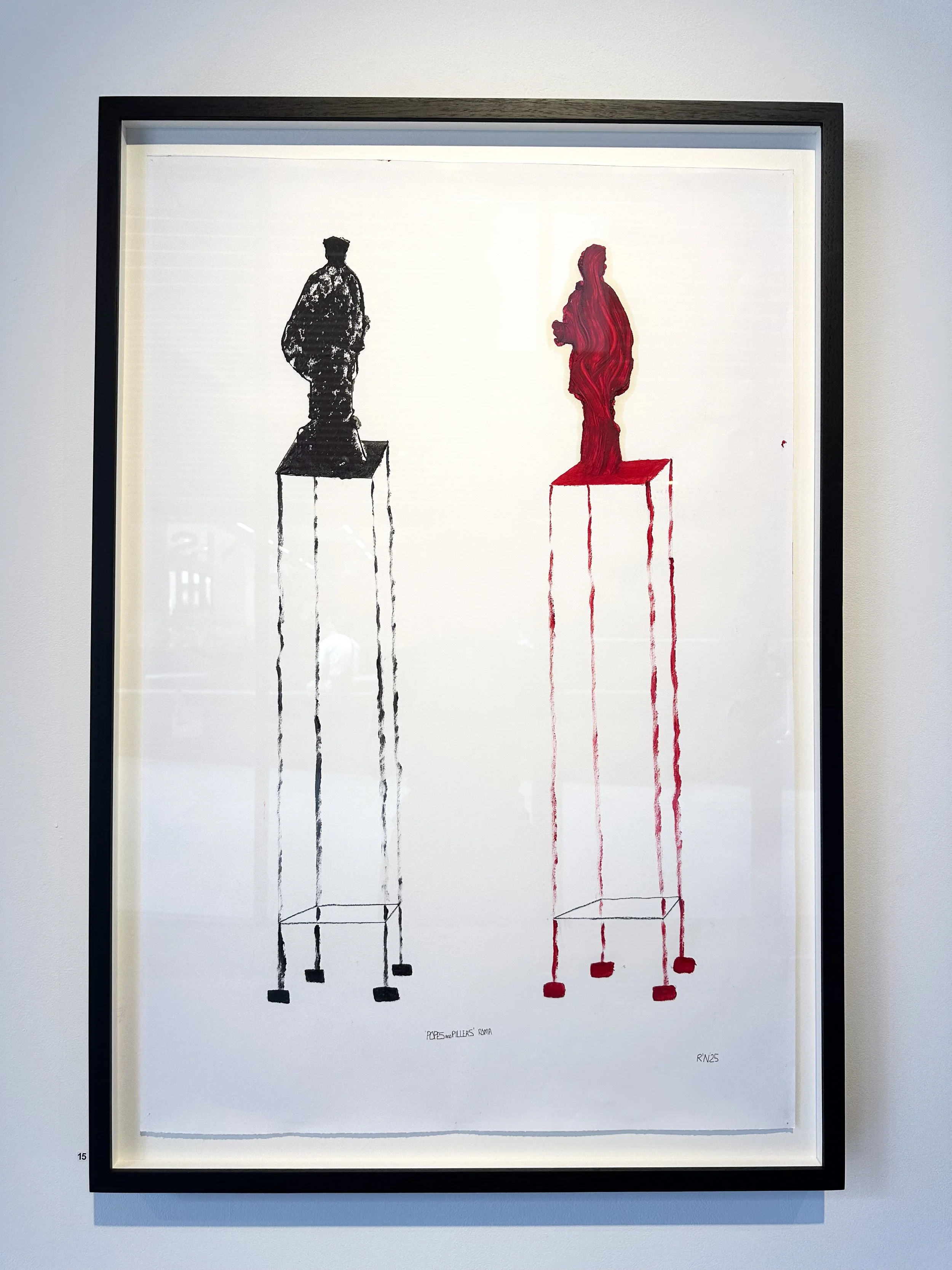 Popes on Four Pillars, Acrylic Wax on Handmade Paper, Framed, 73.6 × 99cm, 2025 $750