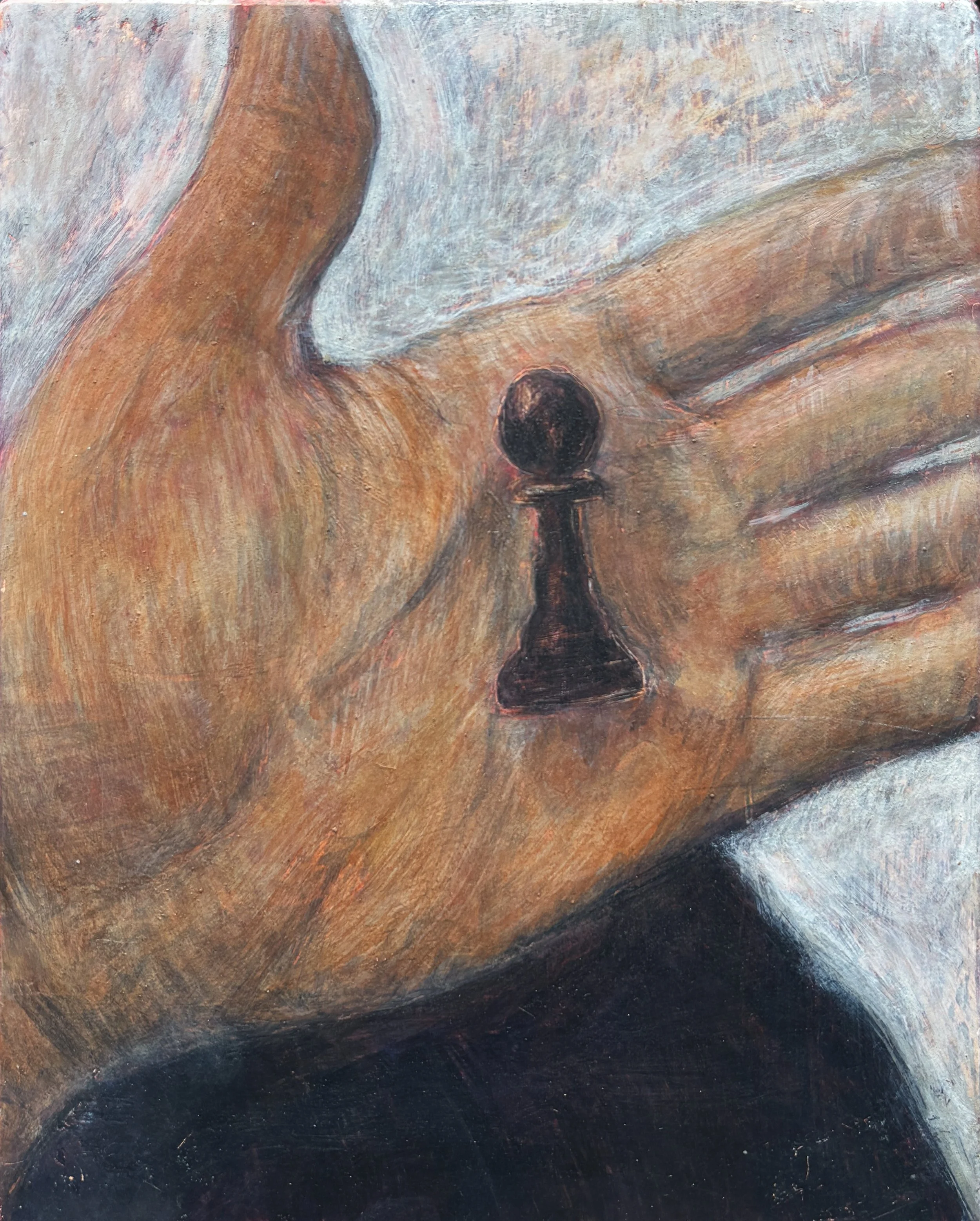 En passant as is always the case, Egg tempera on gessoed linen on plywood, 16 x 20 cm, 2025