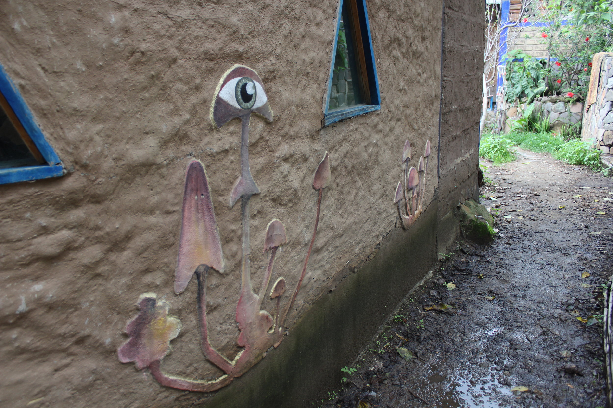 A photo taken at the entrance to the “Fungi Academy” in San Marcos La Laguna, Guatemala. What is inside this building is the mushroom “greenhouse” where mushrooms are grown in a isolated environment so as not to be contaminated.