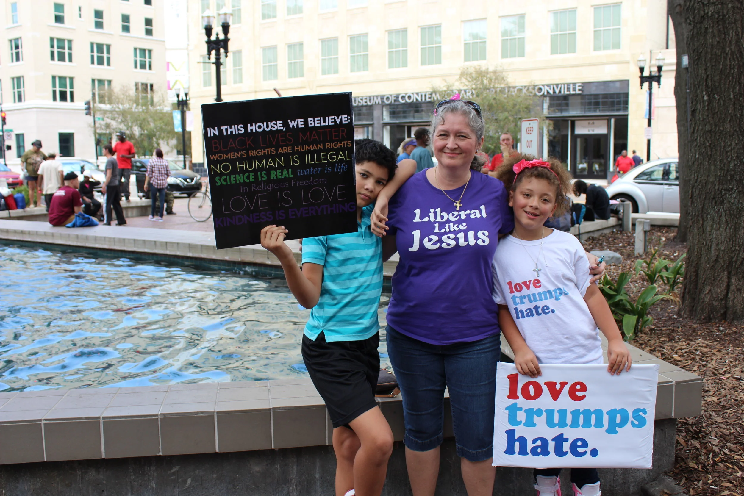 From left, Gabriel, Tina and Grace Freeman at the end of the March route.