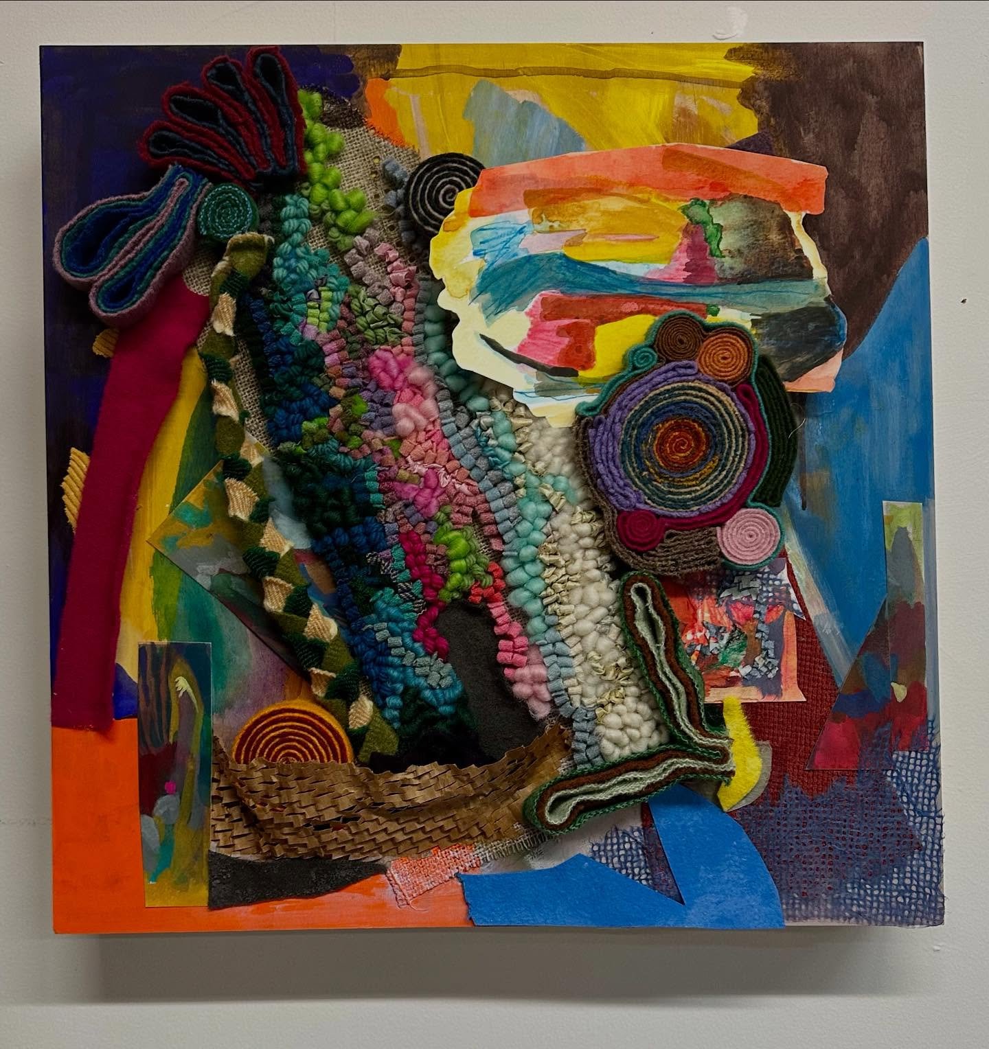 I&rsquo;ve been working through a few boards this winter before I tackle another large project. This one is 16 x 16 inches. Mixed media collage and acrylic paint. #rughooking #mixedmediacollage #mixedmedia #contemporaryart #contemporarypainting #cont
