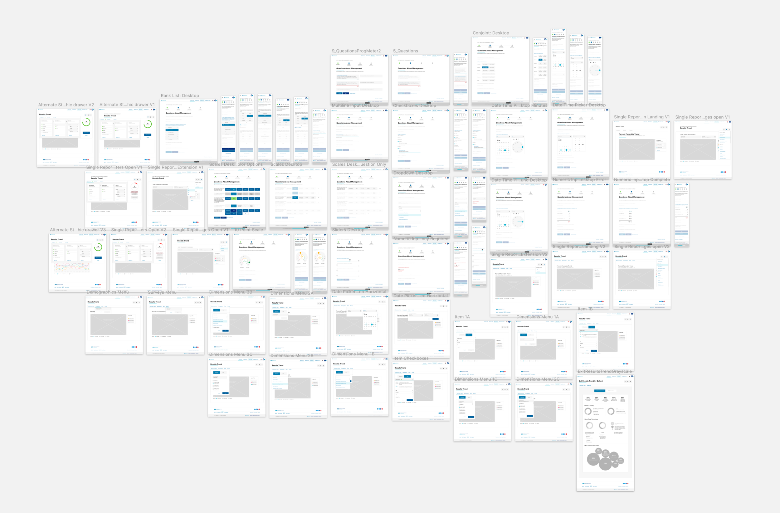Image 1: These are samples of survey module components I developed for the analytics platform. They represent a small portion of the overall tool. The purpose of this image is to illustrate the size and reach of the project; By the end of the undertaking, I had designed hundreds of pixel-perfect renderings.