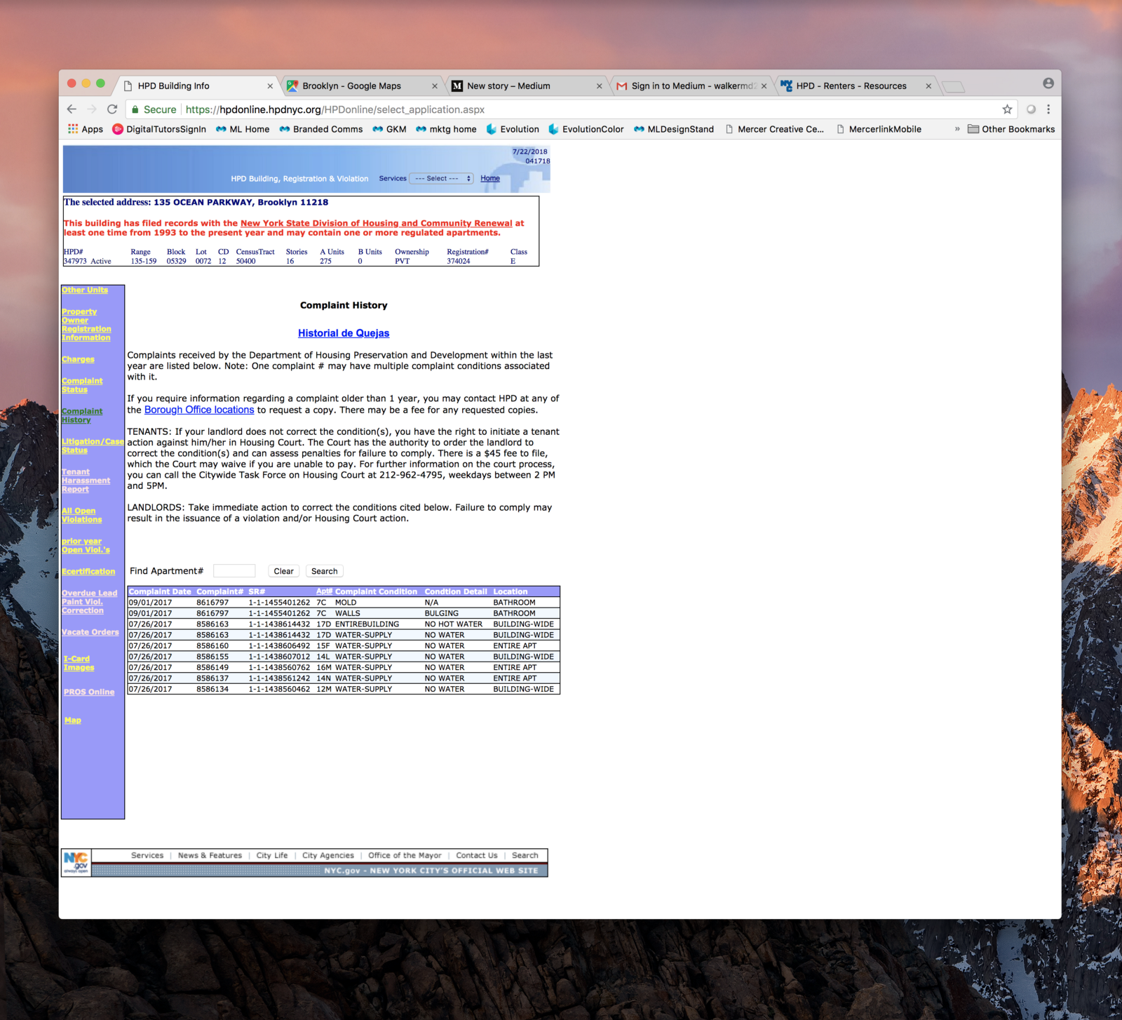 Image 4: A complaint history page on the NYC Building Information Site for the search “135 Ocean, Brooklyn.”