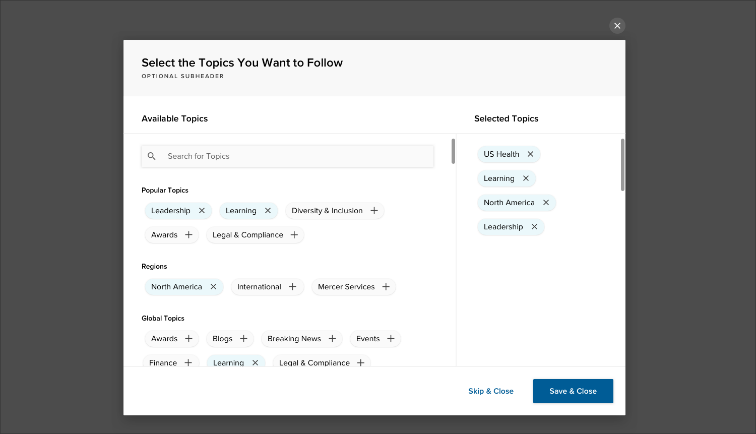My first draft of the topic selection modal.
