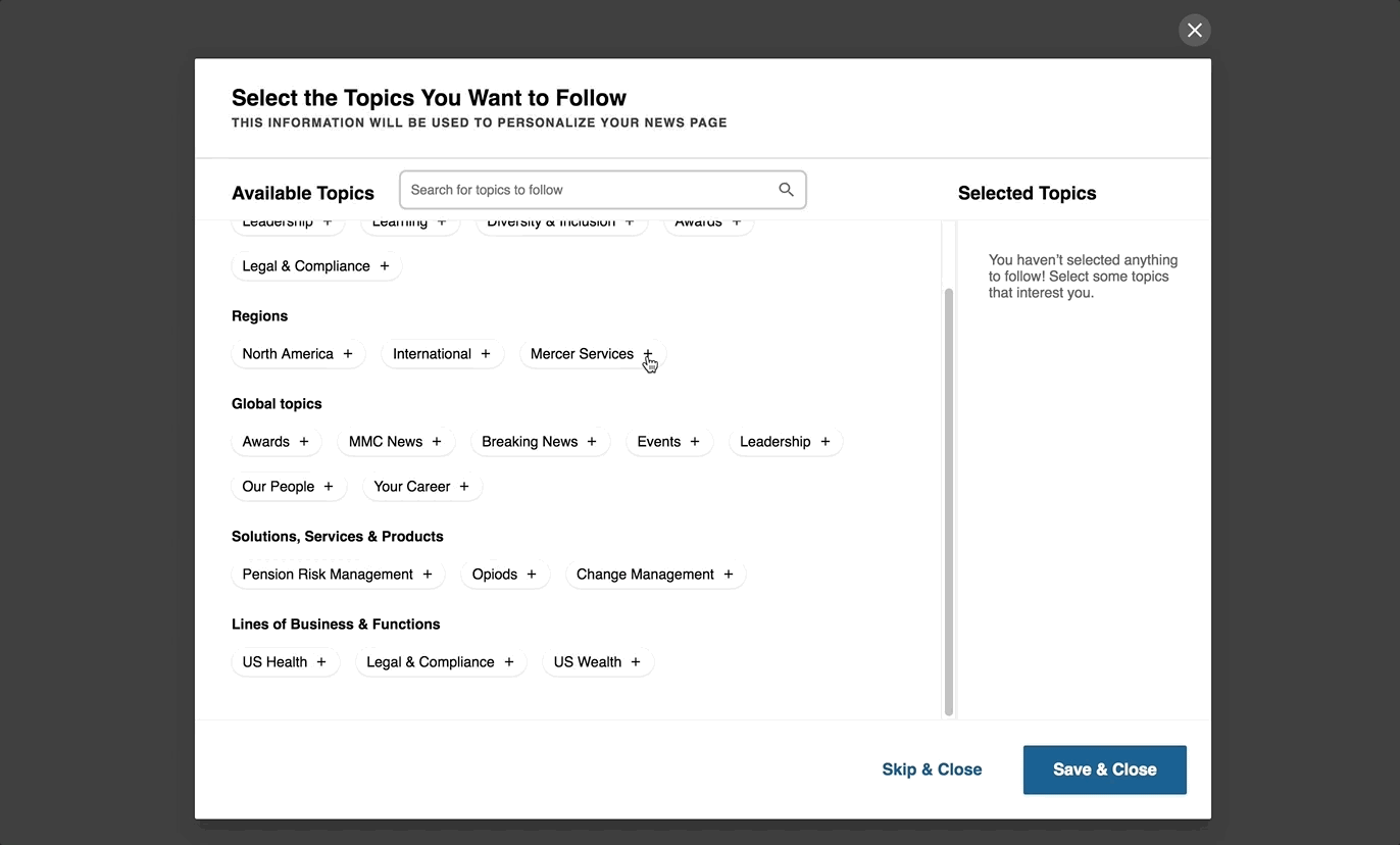 The final design allows the user to easily select and deselect topics that are relevant to them.