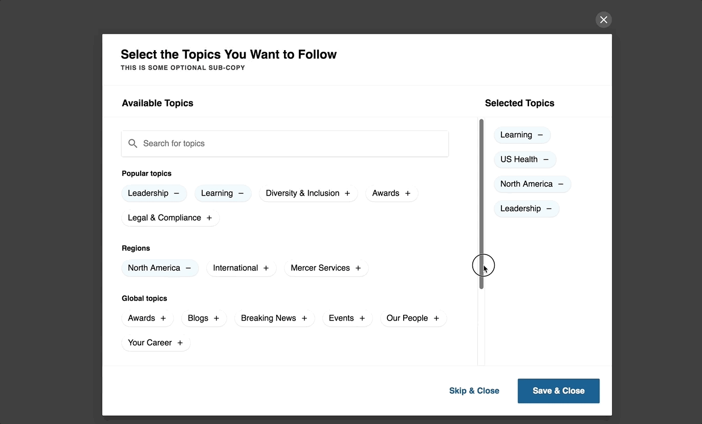 The fixed search bar, while convenient, covers chips and reduces the space available for reading topics.