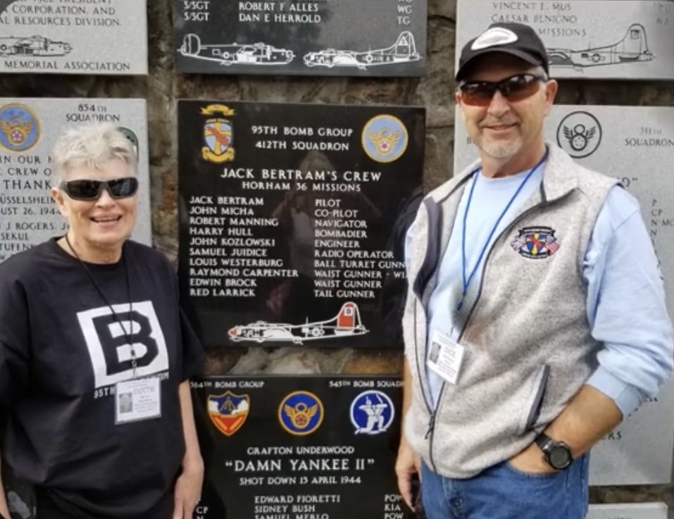 Daughter Dottie and son Dick at the Jack Bertram crew plaque at the Mighty Eighth in Savannah. 2019