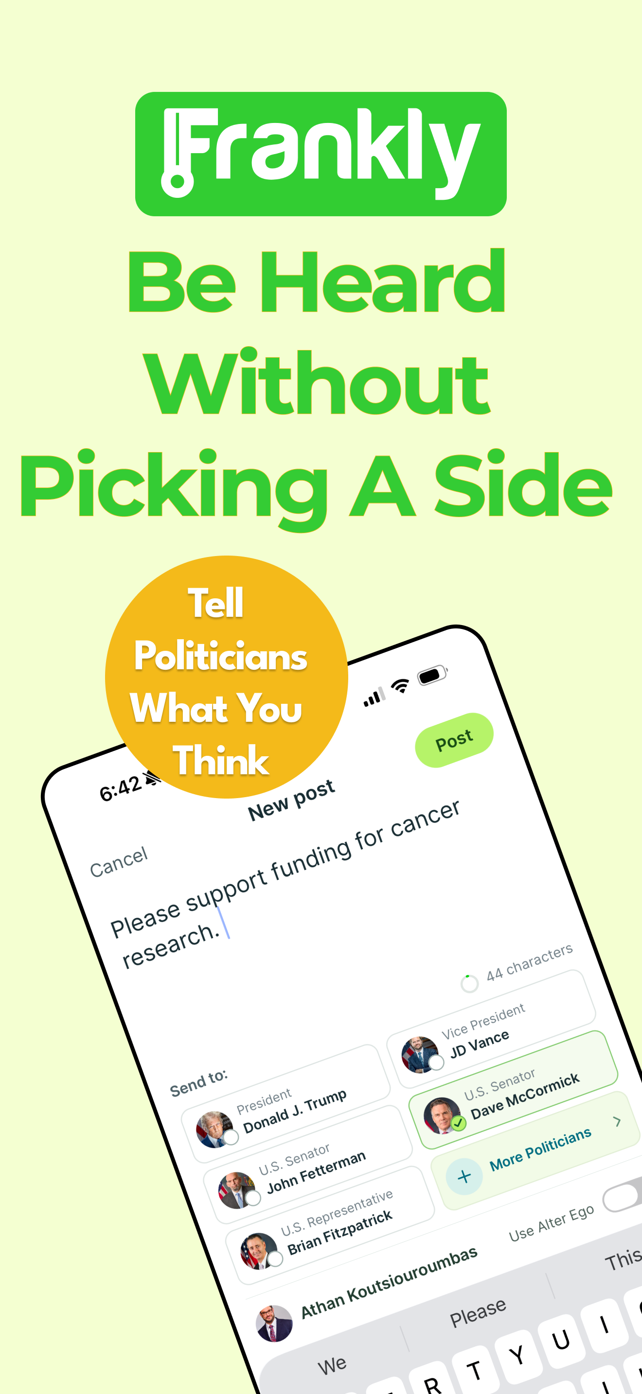 Screen shot of posting function to send messages to politicians
