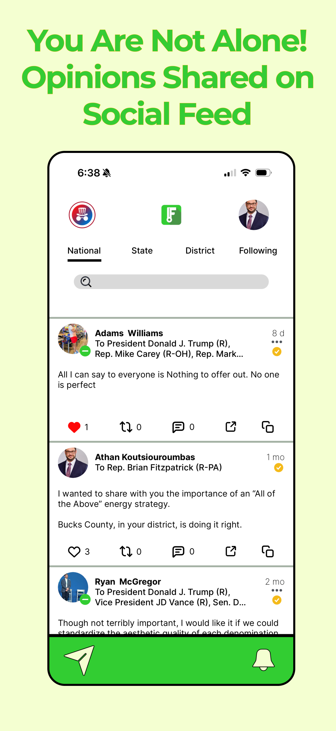 Frankly public social feed showing shared constituent messages