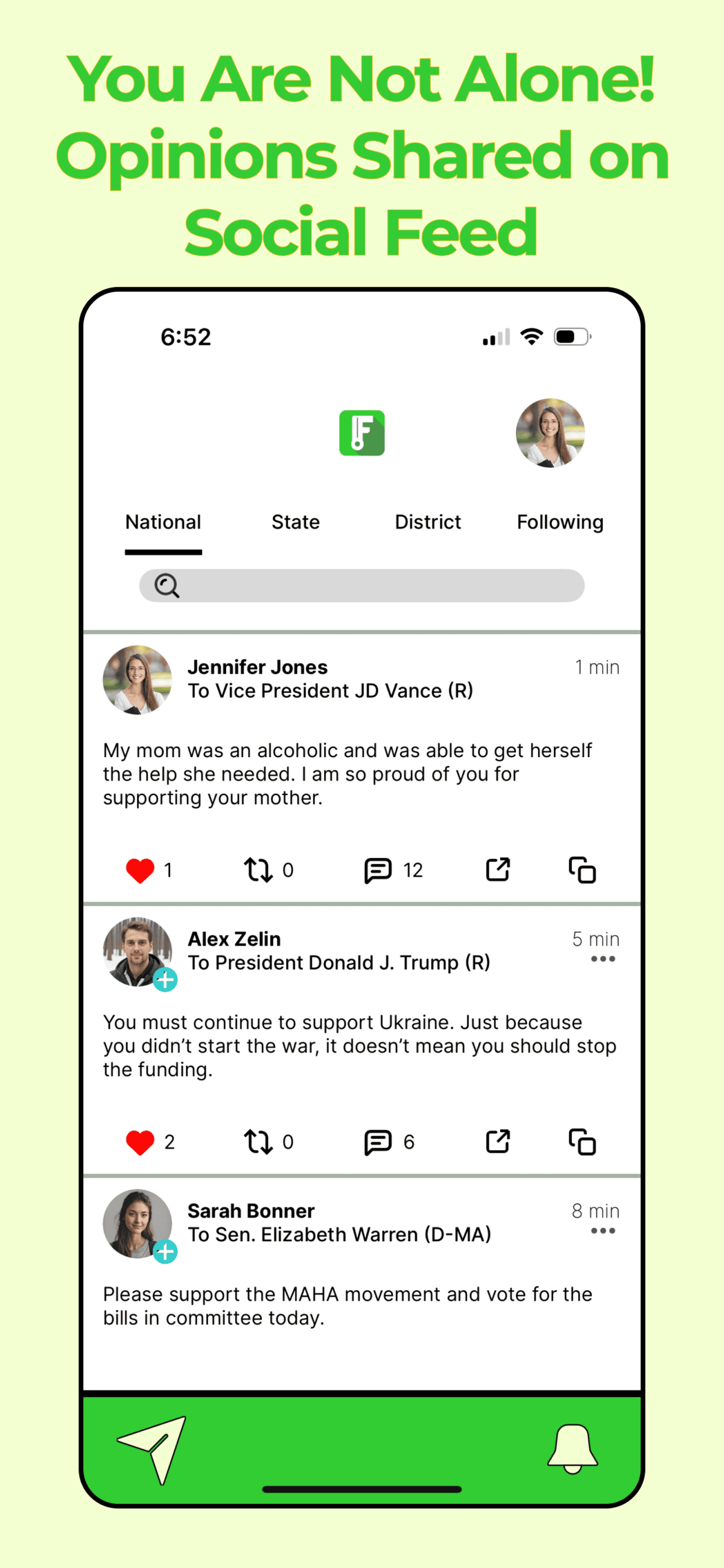 Frankly public social feed showing shared constituent messages