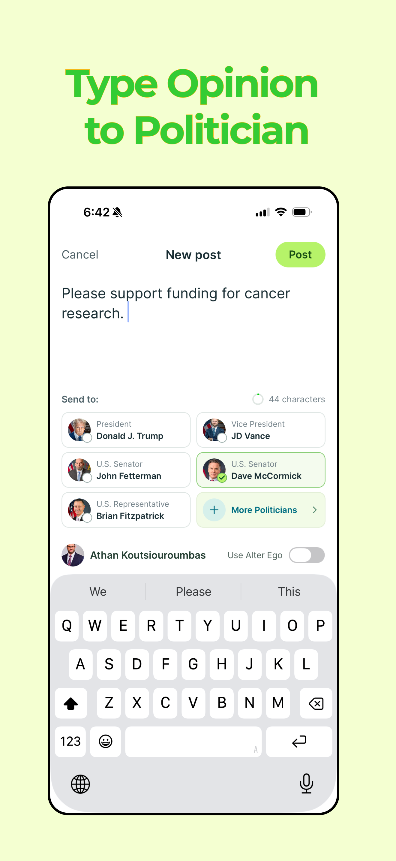 Frankly app screen for writing a message to an elected official