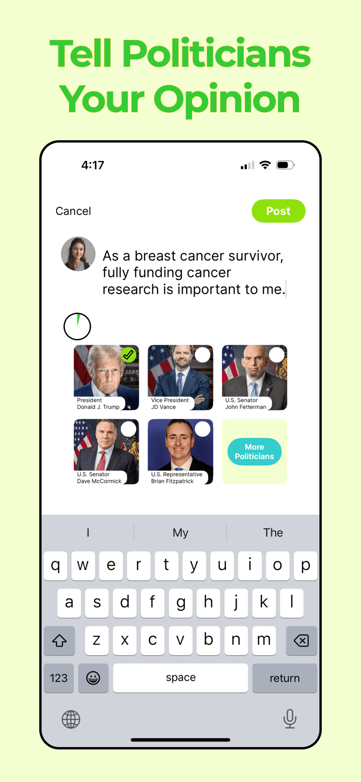 Frankly app screen for writing a message to an elected official