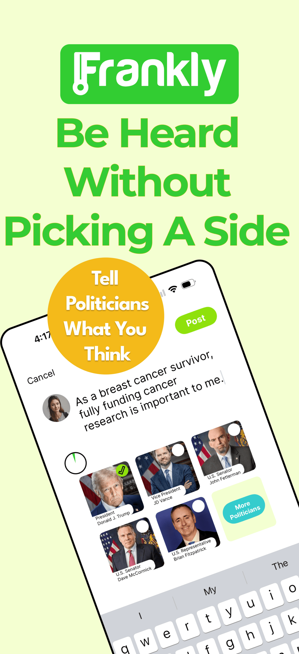 Frankly app screen showing a constituent message and politician choices
