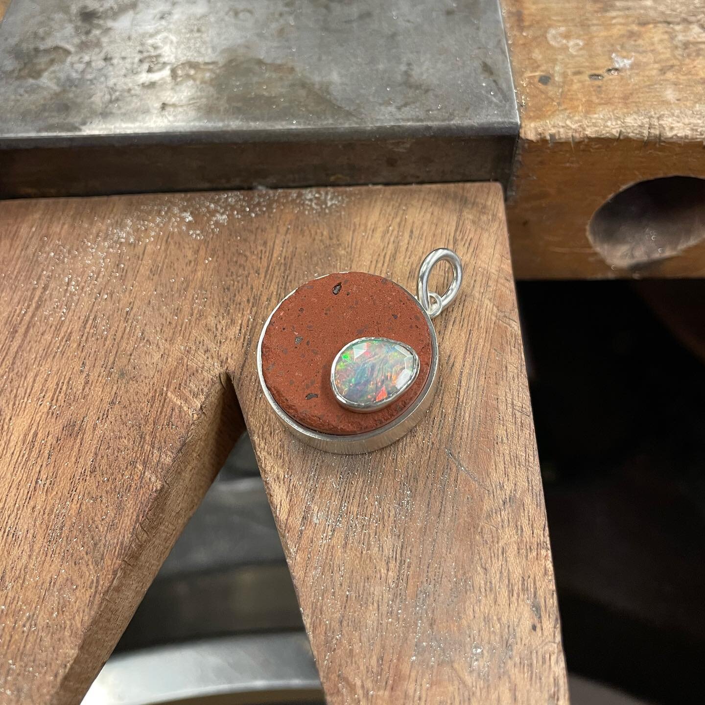 Brick and opal pendant! This brick was cored out of the hoops I posted yesterday and I thought it went nicely with this opal #wip #pendant #brick #snag #snagmember #contemporaryjewelry