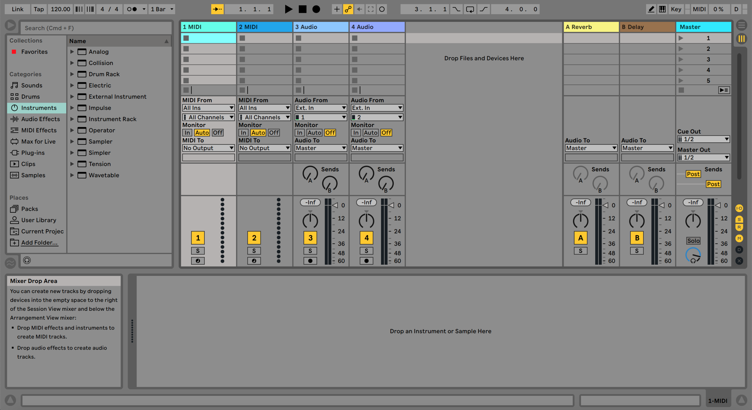 A typical Ableton screen in arrangement view. Issues with screen clutter, contrast, eye strain and visual hierarchy were reported by users.