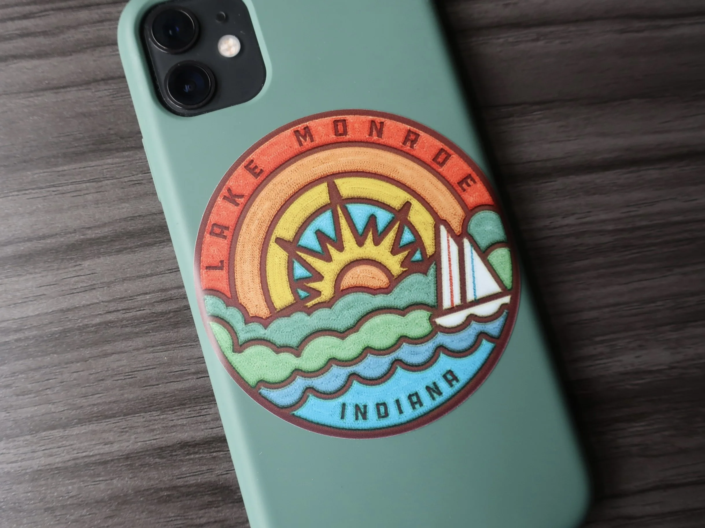 Lake Monroe Indiana 'Embroidered' Vinyl Circle Sticker