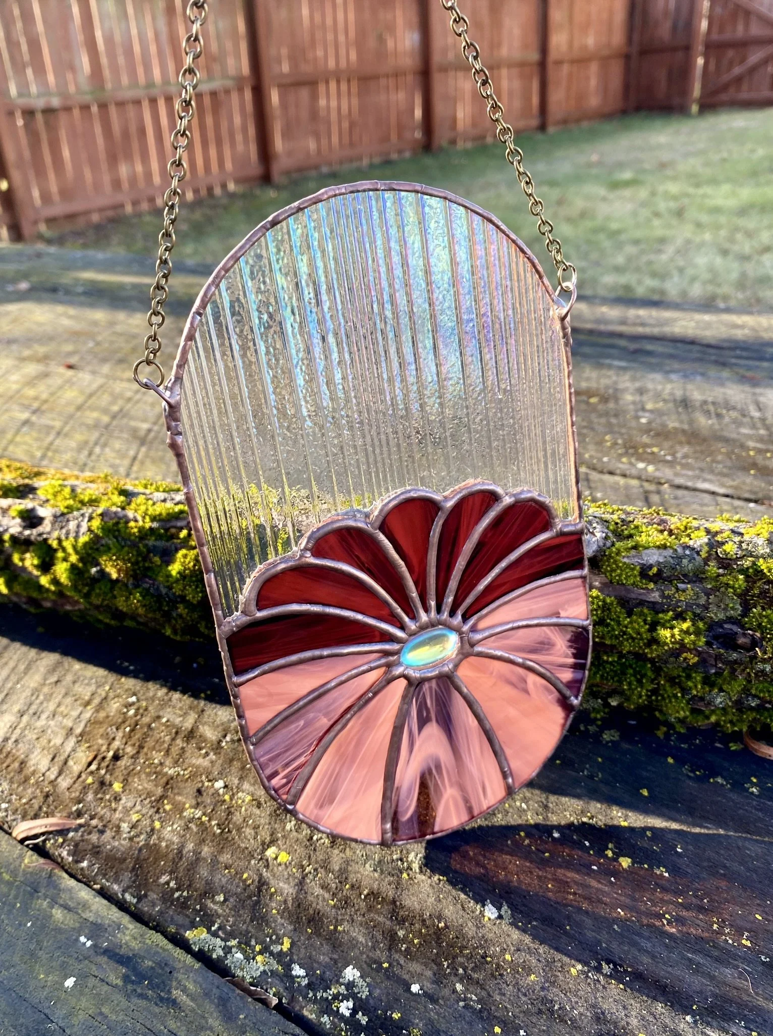 Rainy Day Purple Flower with Dichroic Jewel Center - Stained Glass