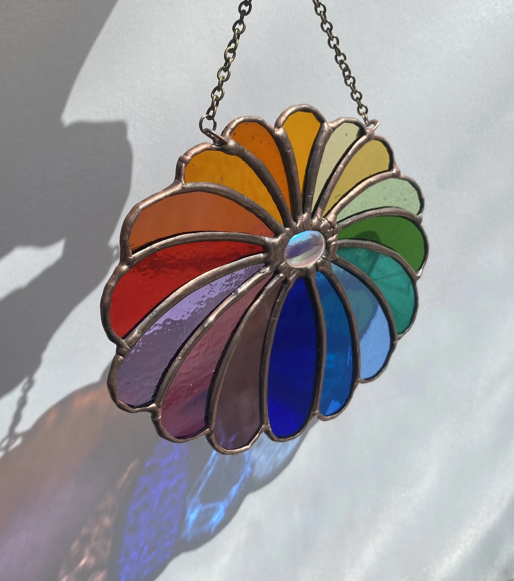 Rain Flower #2 - Rainbow Flower with Dichroic Jewel Center and Copper Patina - Stained Glass