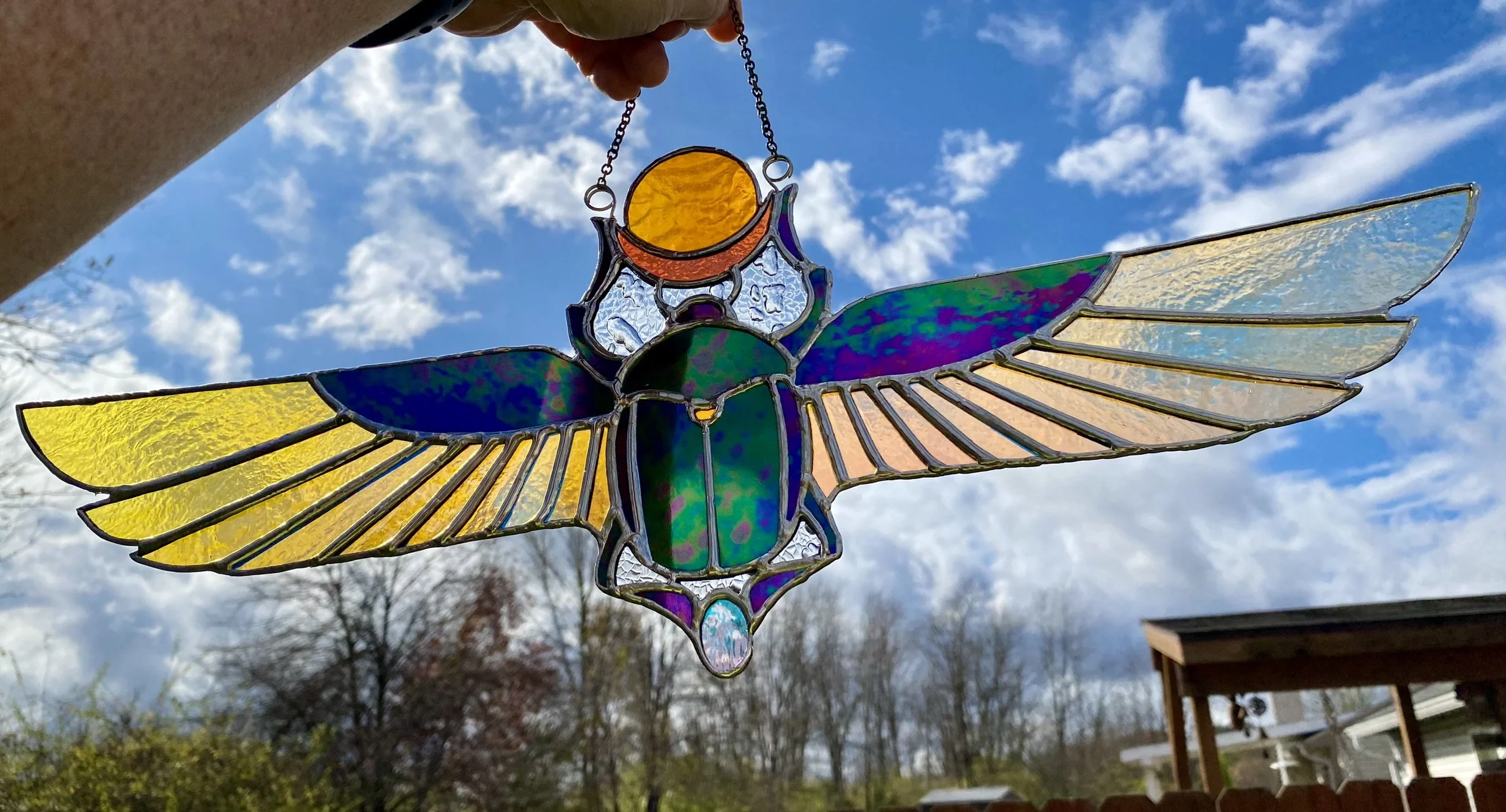 Winged Scarab Beetle #1 - Silver Patina - Stained Glass