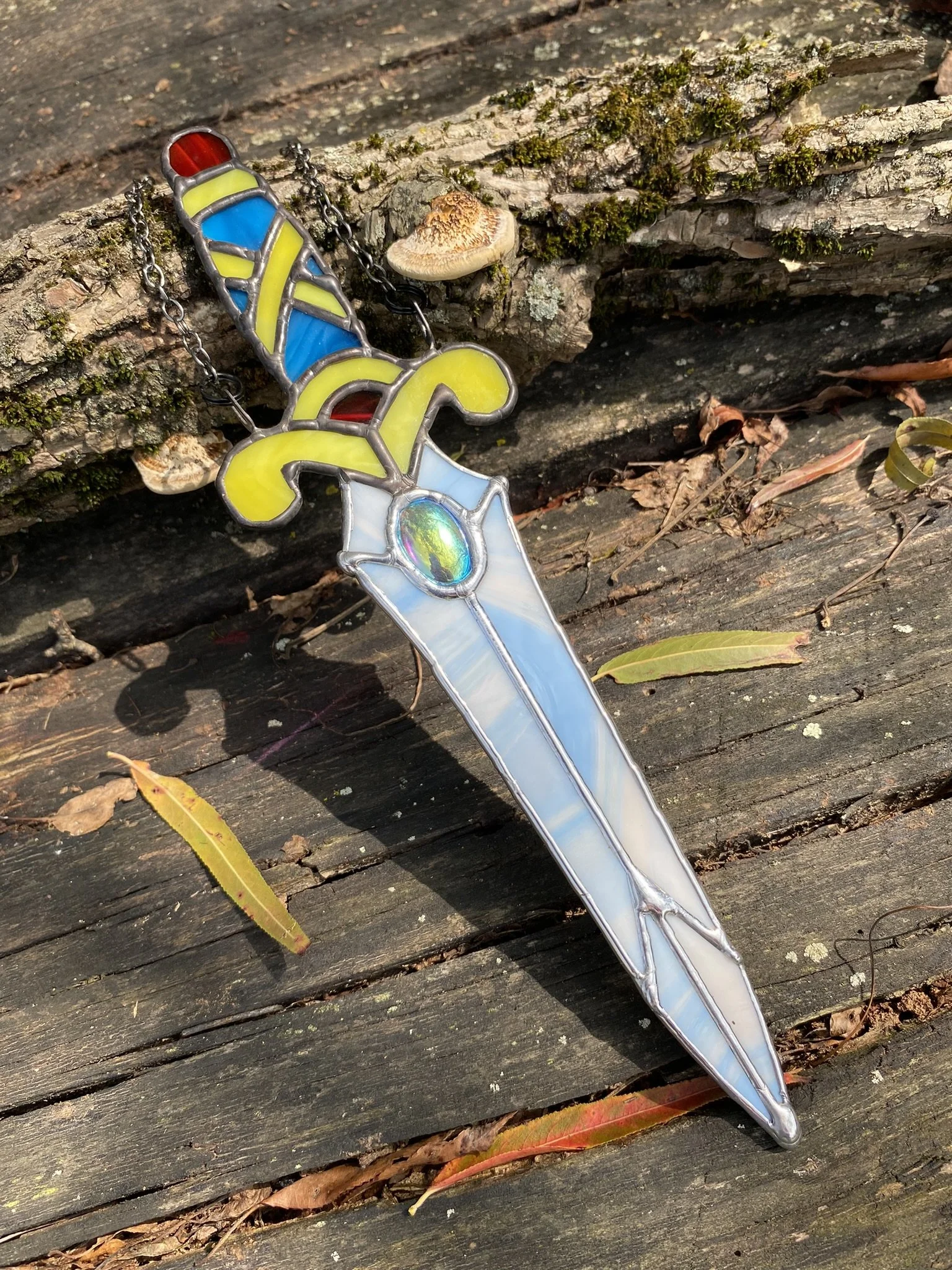 Dagger #1 - Dagger with Dichroic Jewel Center and Black and Silver Patina - Stained Glass