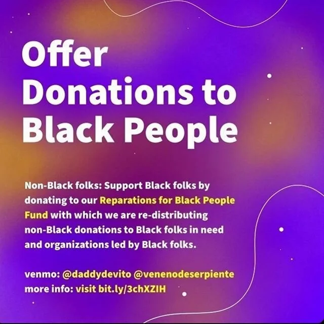 LINK IN BIO [Image description:] Offer Donations to Black People Fund. Non-Black folks: support Black folks by donating to our Reparations for Black People with which we are re-distributing non-Black organizations to Black folks in need and organizat