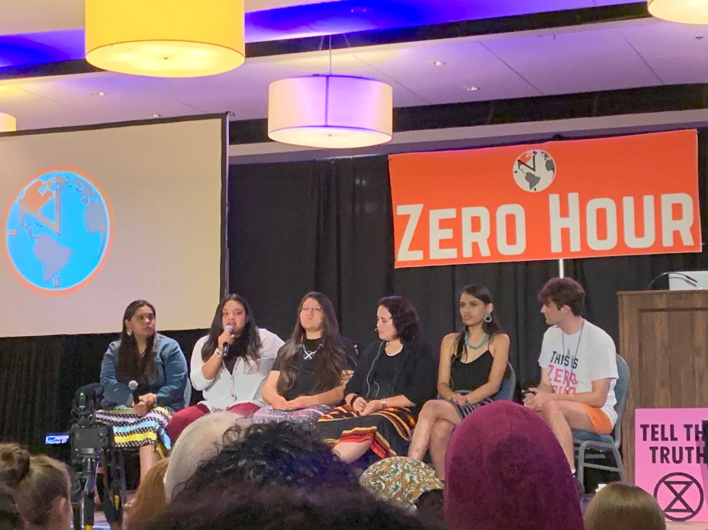 (From left to right) Indigenous youth activists Tokata Iron Eyes, Jasilyn Charger, Nina Berglund and Alethea Phillips speak on the panel “Indigenous Stories from the Frontlines”. Photo: Ludovica Martella