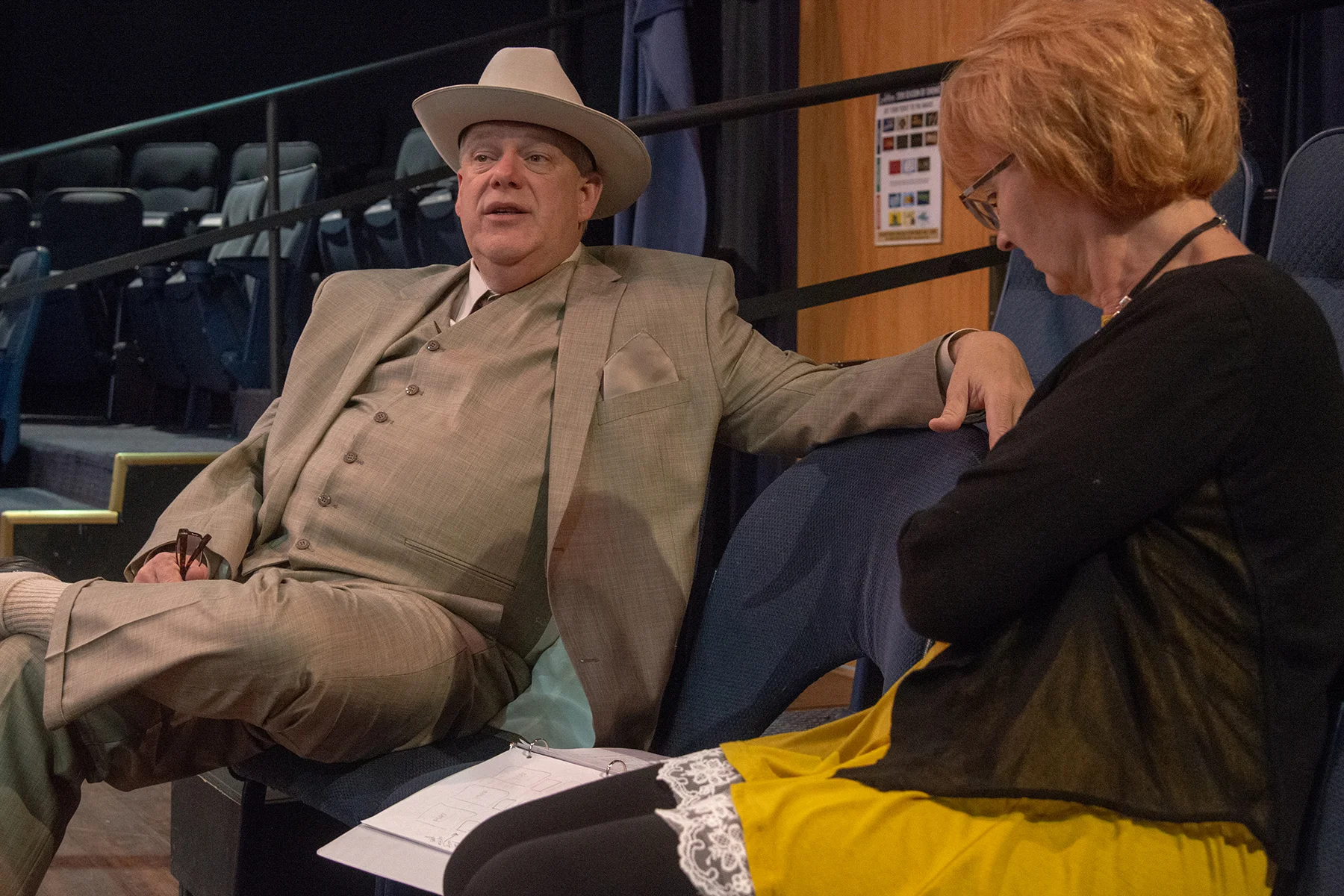 Kelvin Dilks, left, stars as Amon Carter in the new play. Here, he sits with the production’s director Connie Sanchez, who is also in charge of the play’s technical parts, set and costumes. (Photo by Alan D. Smith)