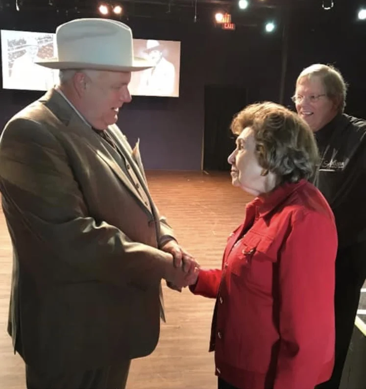 Actor, retired teacher and BISD school board member Kelvin Dilks meets the legendary TV reporter Bobbie Wygant, who gave his performance of Amon Garter her blessing. Wygant began working for Carter at Channel 5 in 1948 when the station first went on the air.