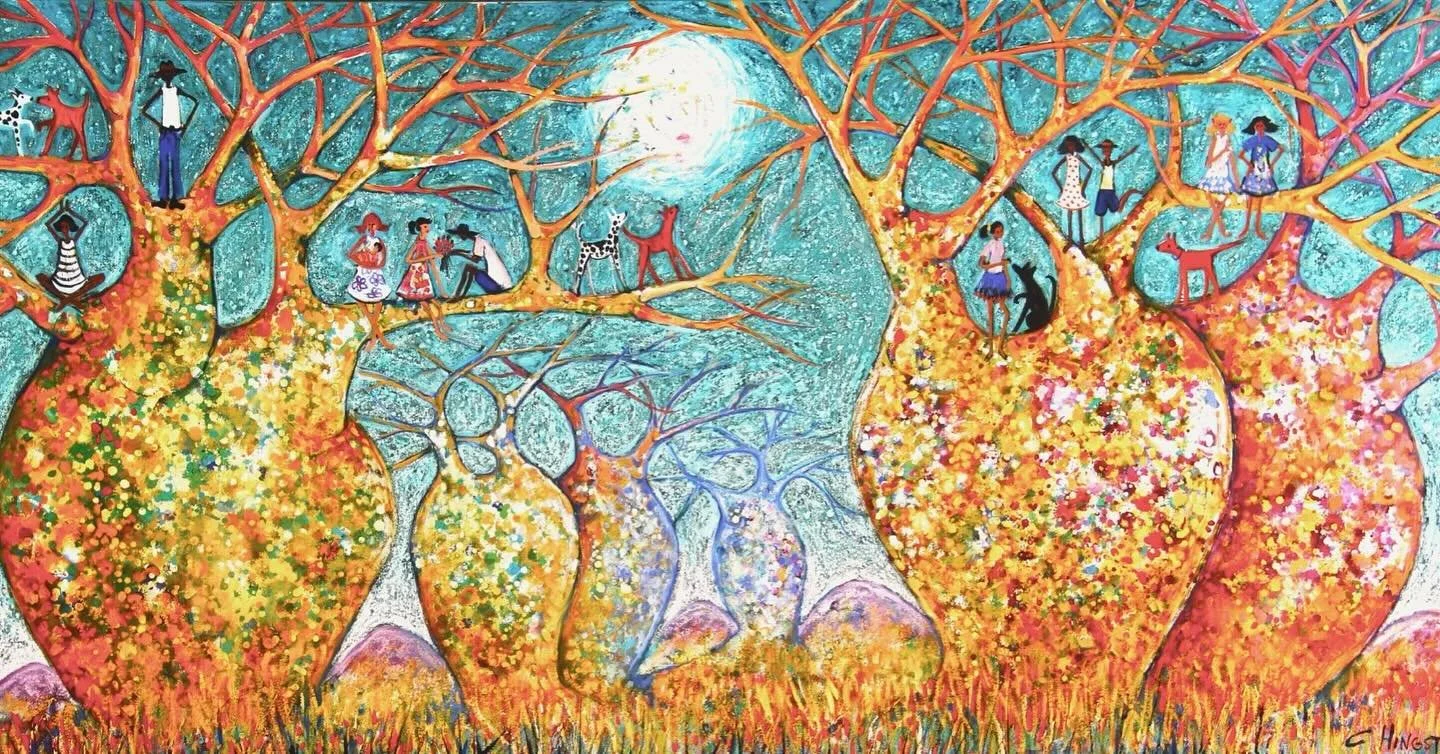 If you are down in the south west Australia.
Be sure to call into @yallingupgalleries .
They have one of my whimsical boab paintings .
The sky is beautiful verdigris green 💚
80 cm high x 152cm long 
#christinehingston #boab #yallingup #yallingupb