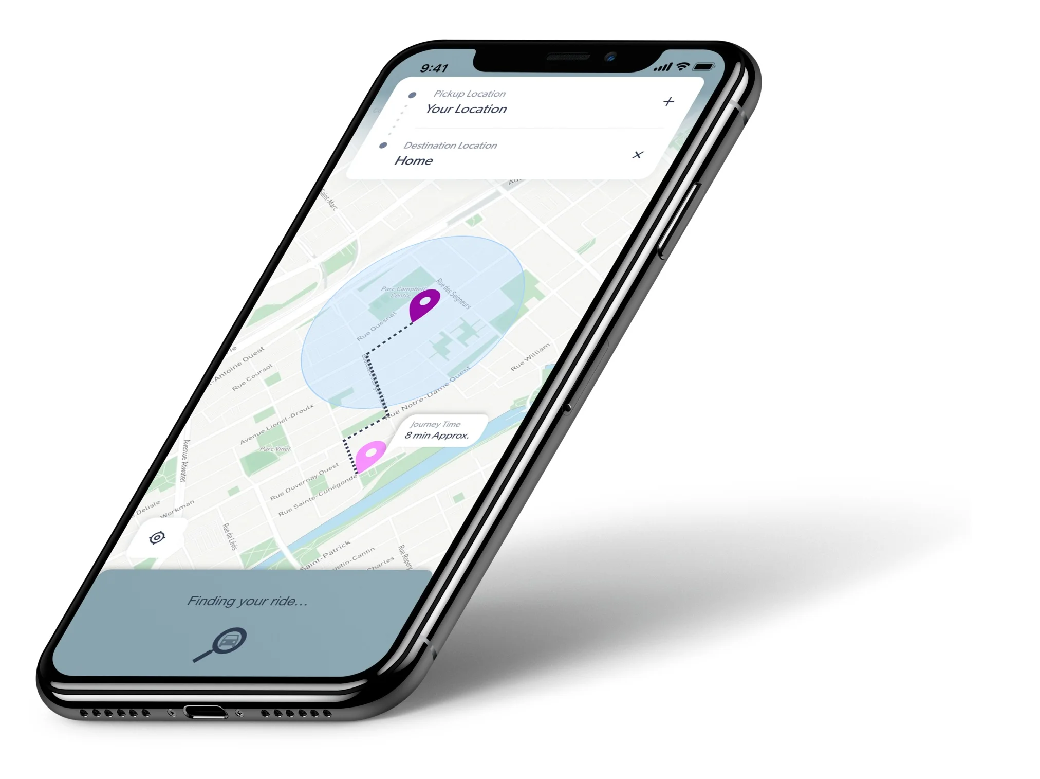 The main objectives of this app were to have an intuitive, easy to navigate interface and a user journey which incorporated: Selecting destination Booking taxi Tracking car Rating driver