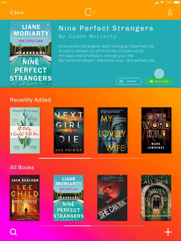 Cover is an e-reader app, specifically designed for tablet devices. The most important part of the UI is the reader itself, therefore the reader section had to have: Clear and legible text A ‘dark-mode’ for ease of reading The ability to change the text size Good options for easy ‘page turning’ (both scrolling and button options were incorporated)