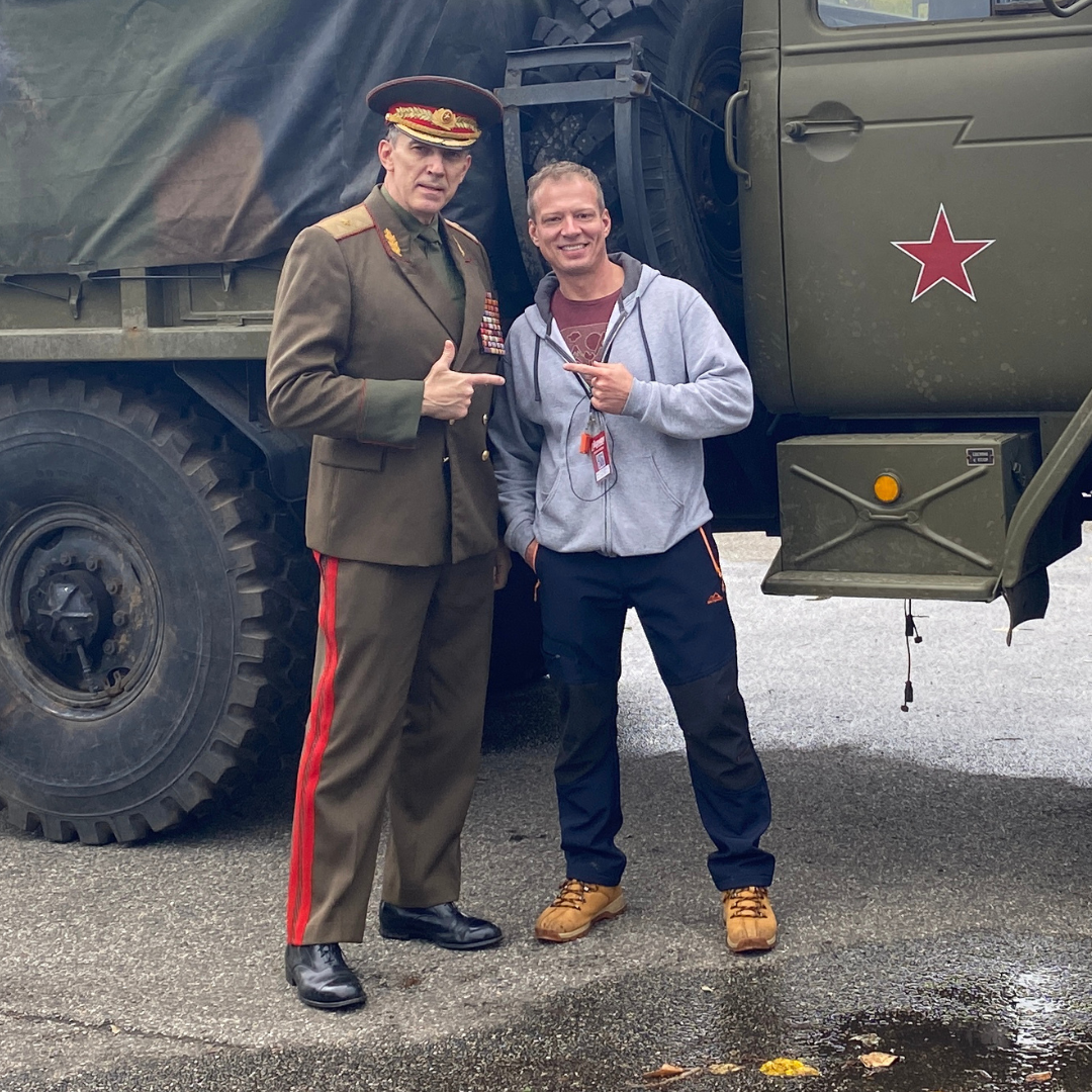 Sasha Piltsin with actor Ego Mikitas during Russian dialect coaching for DC’s Legends of Tomorrow.