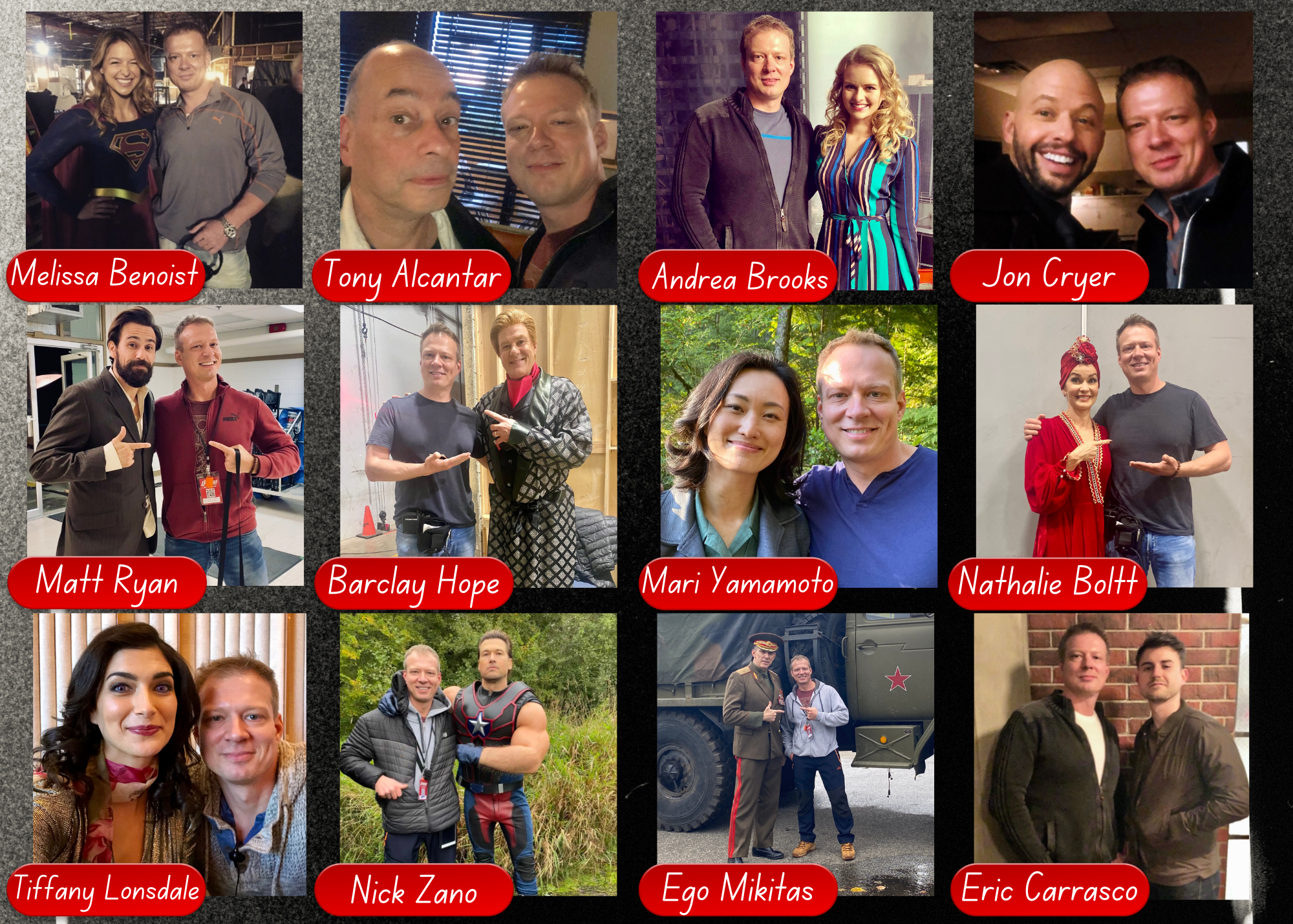 Sasha Piltsin with film and television actors including Melissa Benoist, Jon Cryer, Matt Ryan, Andrea Brooks, Nick Zano and others from productions he has worked on as a Russian and Ukrainian dialect coach.