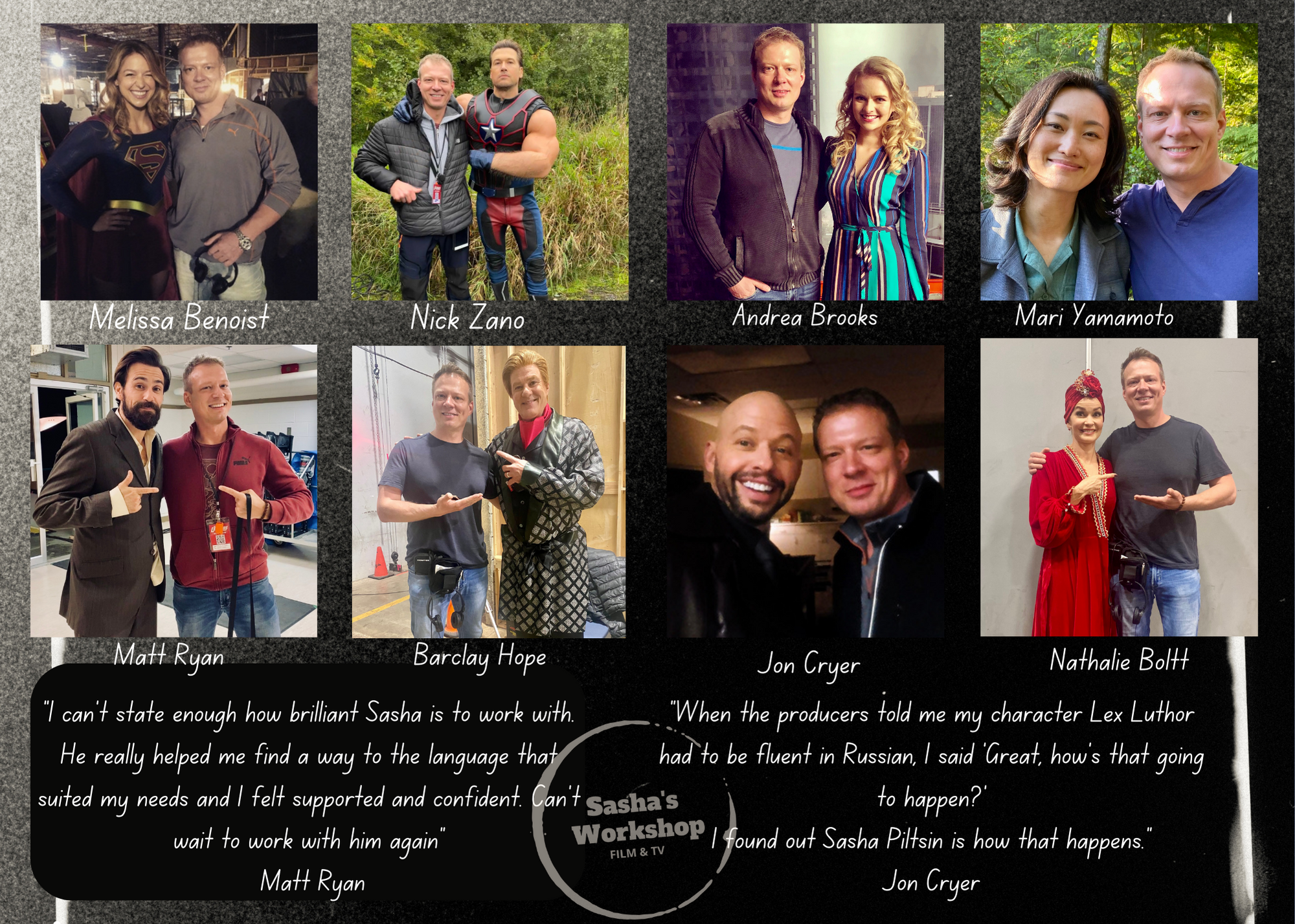 Sasha Piltsin with actors on set during film and television production, providing dialect coaching