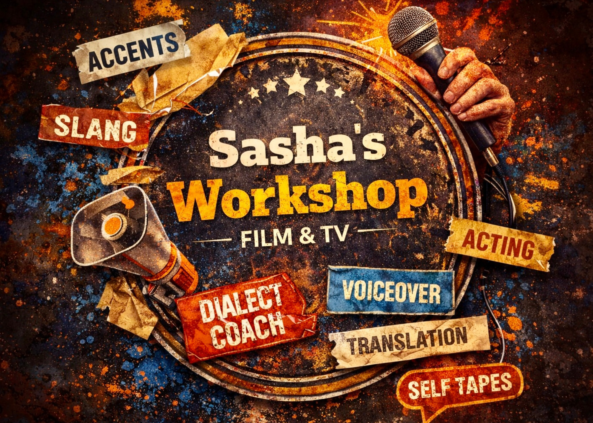 Sasha’s Workshop Film & TV accent and language training image representing dialect coaching, voiceover, translation, and acting support for film and television by dialect coach Sasha Piltsin.