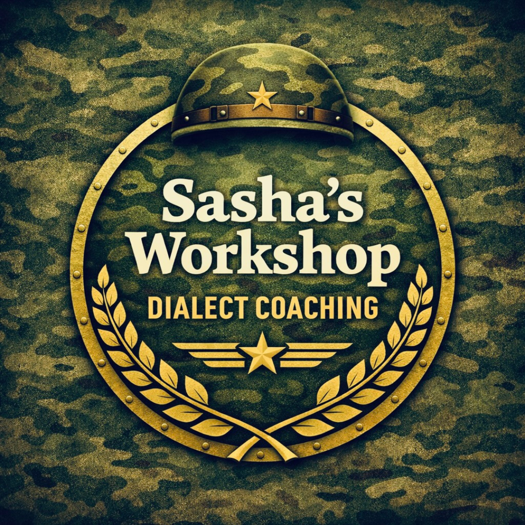 Sasha’s Workshop Dialect Coaching circular logo with camouflage military-style background and gold emblem design