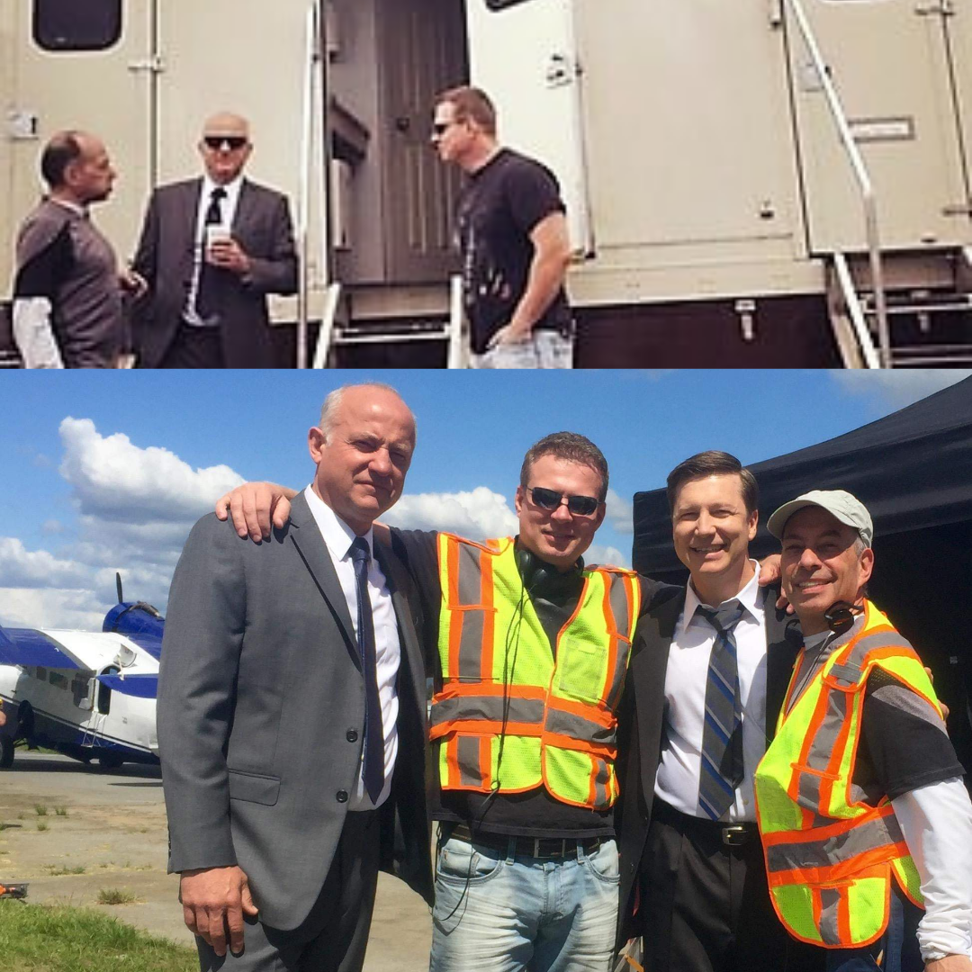 Actors Kurt Max Runte, Noel Johansen, and Tony Alcantar with Russian dialect coach Sasha Piltsin during work on The Bletchley Circle: San Francisco
